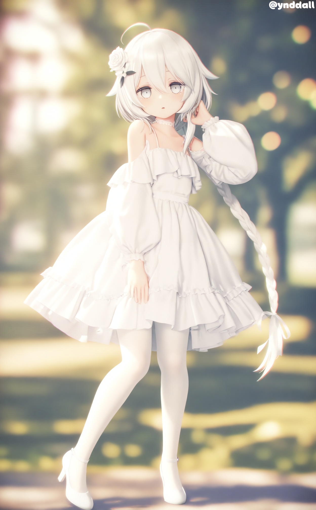 masterpiece,absurdres,best quality,loli,petite,high quality,chromatic_aberration,//,1girl,solo,long hair,high heels,white theme,flower,hair flower,white rose,white flower,full body,hair ornament,dress,white hair,white dress,pantyhose,looking at viewer,white background,rose,simple background,grey eyes,white pantyhose,braid,white footwear,parted lips,very long hair,shoulder cutout,long sleeves,frills,ribbon,skirt,hair ribbon,white ribbon,single braid,white skirt,standing,hair between eyes,hand up,hand in own hair,shirt,clothing cutout,puffy sleeves,twitter username,white eyes,frilled dress,floating hair,ahoge,standing on one leg,choker,open mouth,detached sleeves,puffy long sleeves,bare shoulders,white shirt,white choker,//,Depth of field,(colorful),hdr,Tyndall effect,depth of field,Tyndall Effect,blurry,blurry_background,depth_of_field,bokeh,glowing,//,<lora:MMDguangwuran6——【noob】hans:0.9>,