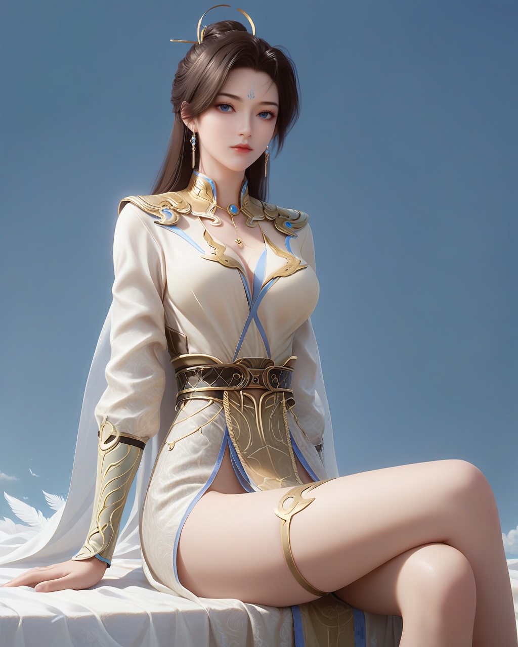 score_9,score_8_up,score_7_up,1girl,long hair,breast,medium breast,earrings,hair_ornament,dress,blue eyes,forehead_mark,<lora:wy_weiwei_XL7.0:0.8>,thick_thighs,sitting,simple background,heaven,white feather,