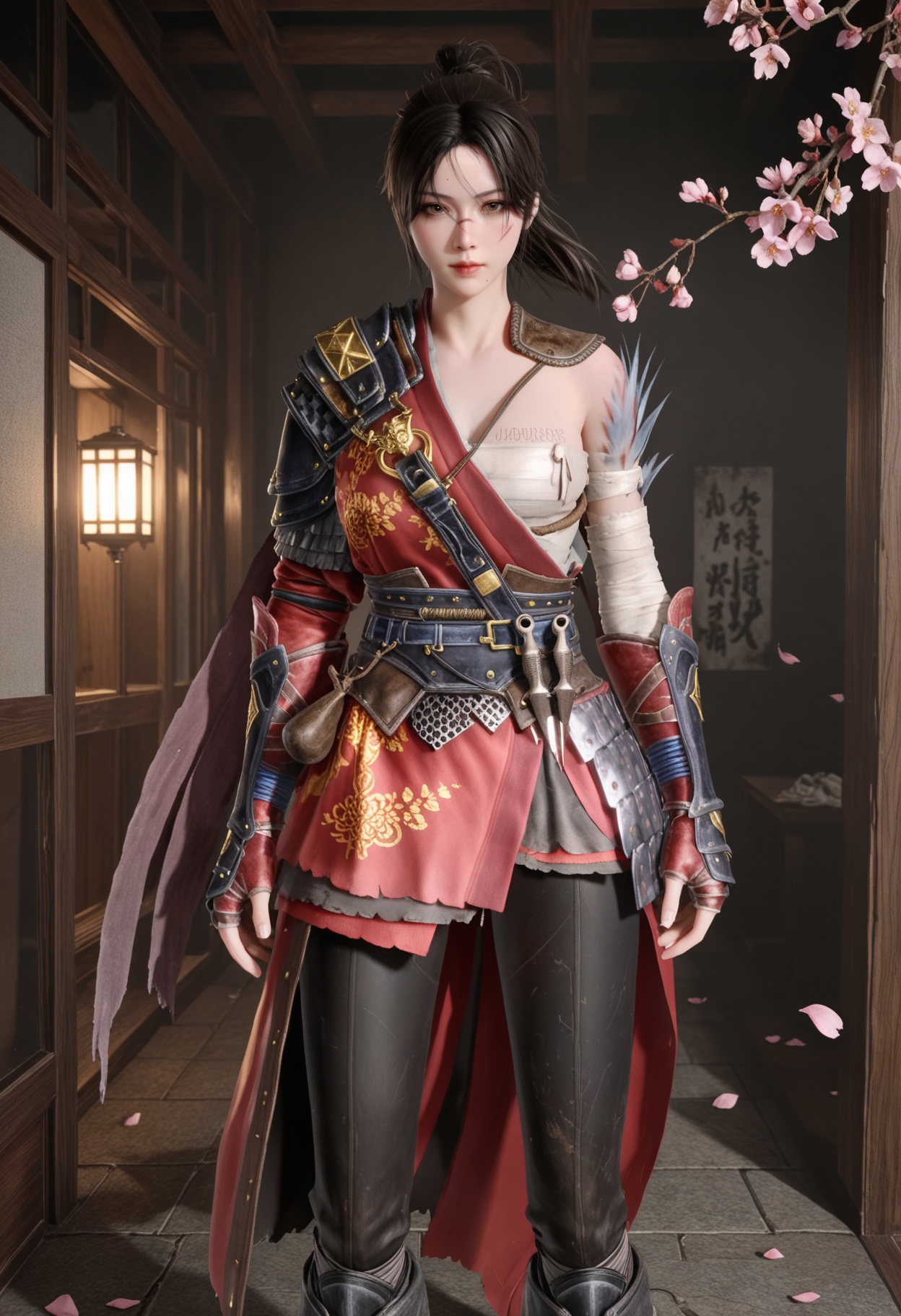 (upper_body:1.2),(looking at viewer:1.1),masterpiece,(best quality),smog,Dark room,dim lighting,peach blossom,falling petals,<lora:YQ_Illustrious光辉v5_白梓芸_V1:0.8>,q1528437228,1girl,solo,armor,black hair,ponytail,shoulder armor,brown eyes,sarashi,chinese clothes,brown hair,long hair,gloves,boots,scar,pants,hair bun,fingerless gloves,pauldrons,single hair bun,bandages,scar on face,sheath,cape,belt,short hair,mole under mouth,black pants,sash,single pauldron,gauntlets,knee boots,