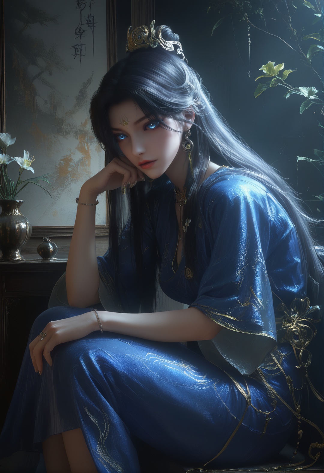 supermodel,score_8_up,score_7_up,hyperdetailed,hyperrealistic,volumetric lighting,focus on face,textured skin,eye lighting,SkinHairDetail,zPDXL,intricate and refined delicate details,unreal engine,very attractive,ultra high res,Expressiveh,realistic skin,score_9,score_8_up,score_9,score_8_up,1 girls,high cold face,yujie,breasts,jewelry,beautiful eyes,detailed eyes,best quality,<lora:曦和城主:0.8>,beads,blue eyes,chinese clothes,earrings,eyelashes,flower,jewelry,long hair,on side,xihe,sitting,full body,