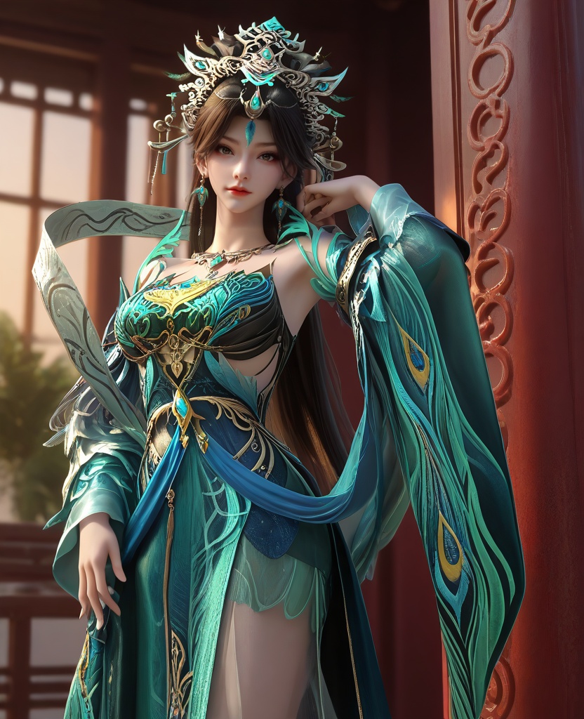 (standing splits:1.1),looking at viewer,(large breasts:1.2),<lora:XL16云深不知梦燕倾霏青玉殿圣女:0.95>,miss yanqingfei,blue and green tiered gown,black hair,long hair,hair ornament,traditional chinese updo,earrings,jewelry,hagoromo,necklace,wide flowing sleeves,sheer petticoat,, score_9,score_8_up,score_7_up,score_6_up,score_5_up,score_4_up,3d rendering,tag1,tag2, Cinematic Lighting,backlighting,