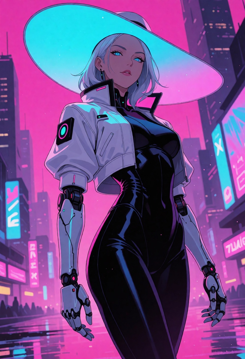 A confident cyberpunk woman in her late 20s stands in a powerful low-angle three-quarter pose above a neon megacity,  wear...