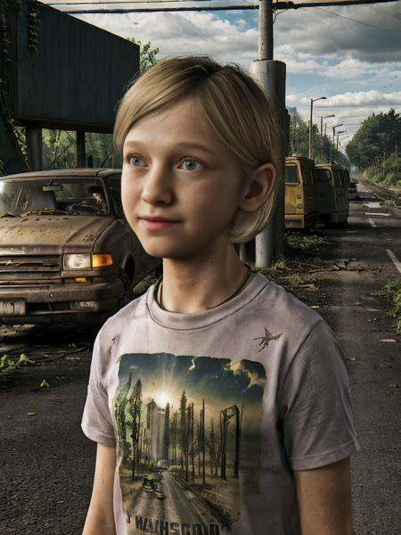 (a photographs of the medium blonde hair 12 year old sarah from the last of us in a t-shirt standing on the post-apocalypt...