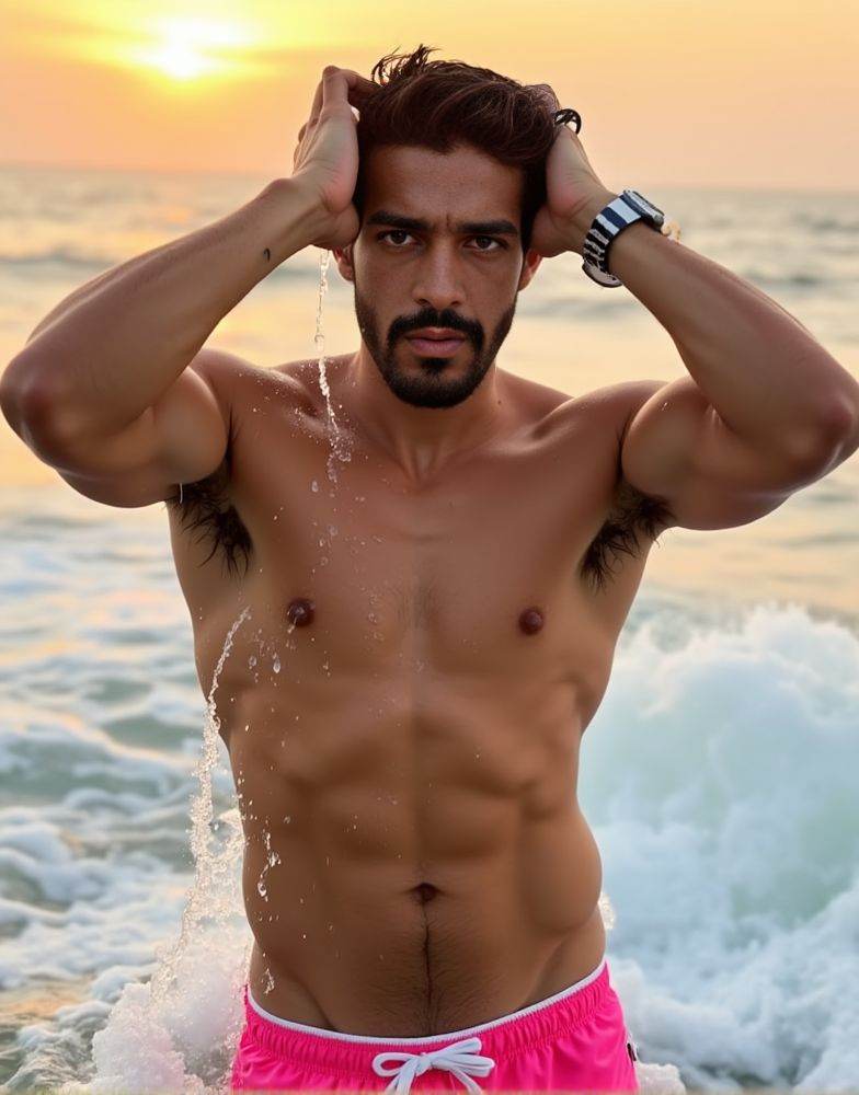 Harman Singha ,  A HD high-quality close-up photo. stepping out of the ocean. water cascading down his toned chest and arm...