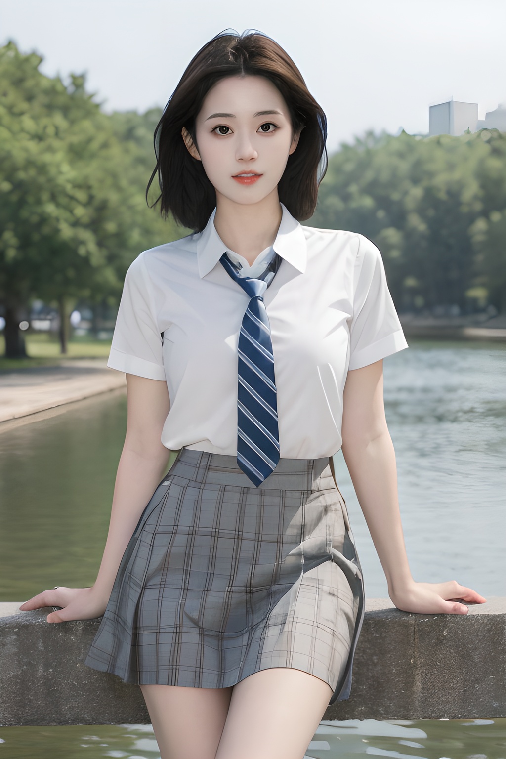 <lora:0827_10:0.7>simple background, 1girl,necktie,plaid skirt,short sleeved white shirt,white legwear,outdoors,looking at viewer,, 1girl,realistic,masterpiece, best quality, photorealistic, HDR,detail