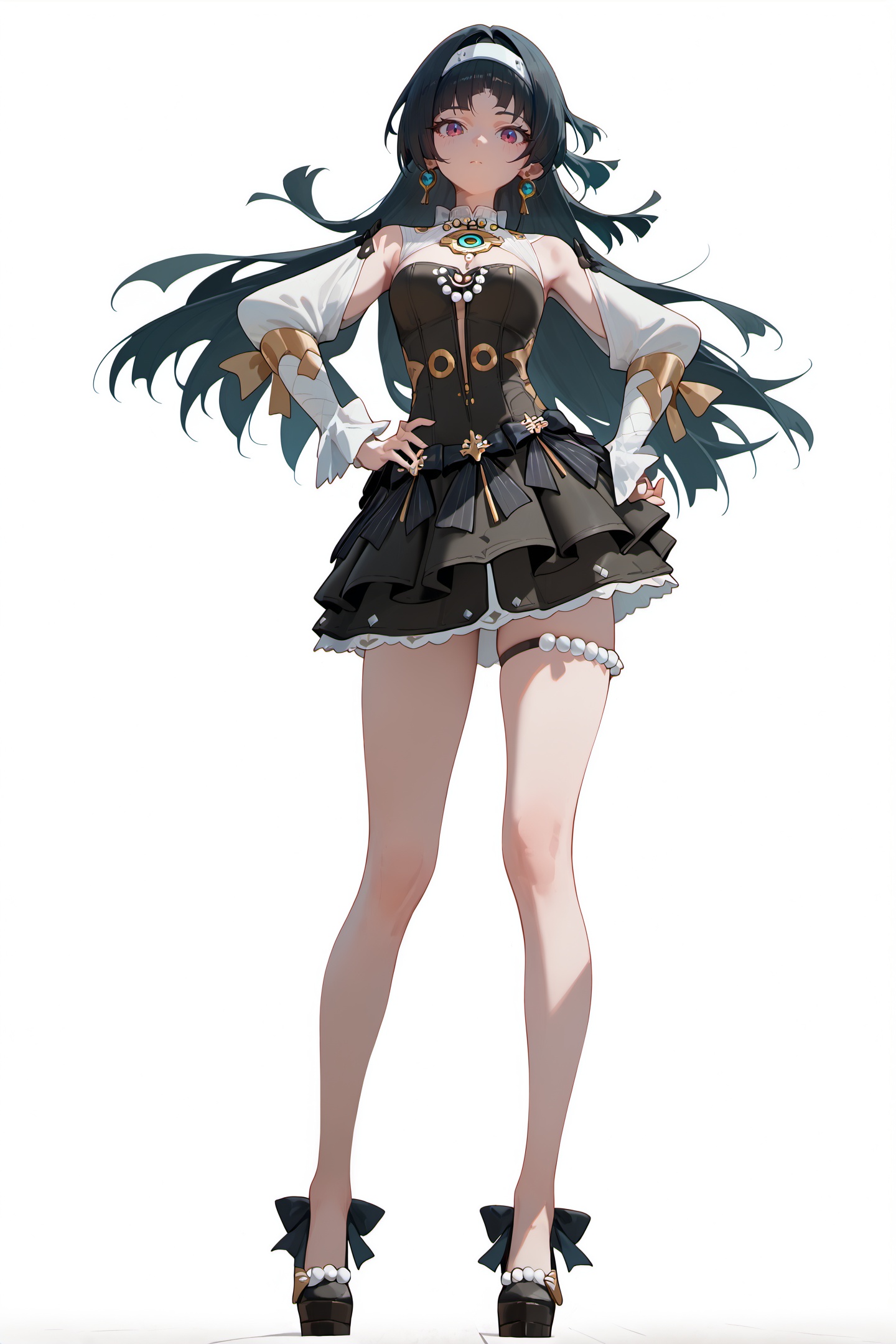 score_9,score_8_up,score_7_up,score_anime,8k,best quality,masterpiece,(ultra-detailed),(high detailed skin),(by nanoless, by misumi \(macaroni\),:0.5),<lora:YLI 0.1v:0.25>,<lora:style1:0.25>,A full-body portrait of a young girl,standing gracefully,pastel art style,high-key lighting,shoujo manga influence,hd quality,delicate details,full body,full shot,standing,looking at viewer,(solo:1.2),simple background,white background,hand on own hip,<lora:yaojy-pony-Tanger-000019:0.8>,alternate costume, Astra Yao \(zenless zone zero\), clothes: yjy black short dress with white detached sleeves, 1girl, long hair, jewelry, earrings, hairband, thigh strap, bare legs,