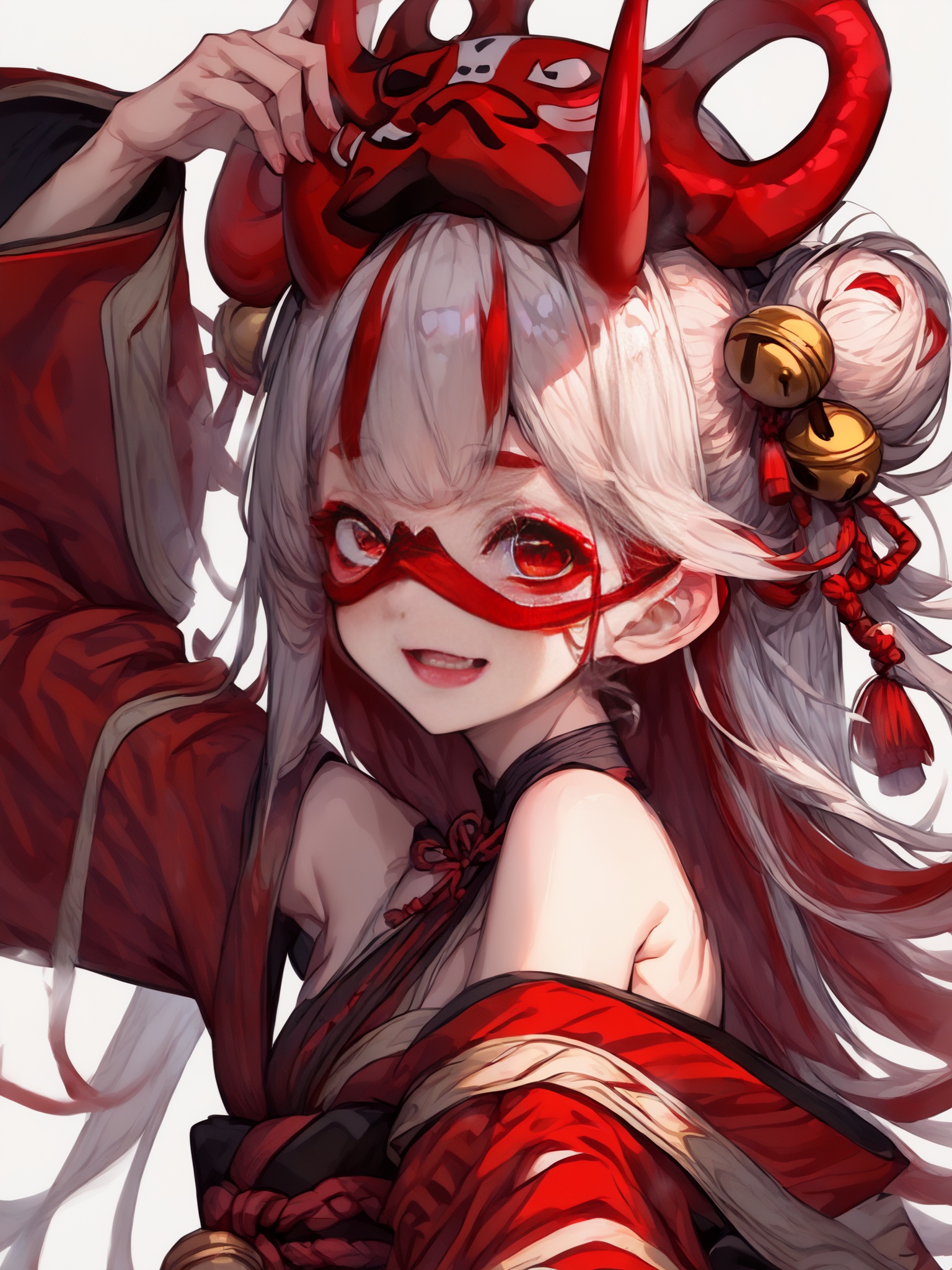 score_9, score_8_up, score_7_up,1girl, solo, bell, hair bell, virtual youtuber, nakiri ayame, long hair, horns, red eyes, hair ornament, double bun, hair bun, smile, mask, white hair, oni horns, oni mask, upper body, multicolored hair, blush, white background, open mouth, jingle bell, japanese clothes, mask on head, red hair, bare shoulders, kimono, simple background, streaked hair, holding, off shoulder, bangs, :d, tassel, oni, breasts, fang <lora:Asekkk pony re-000008a:1>,