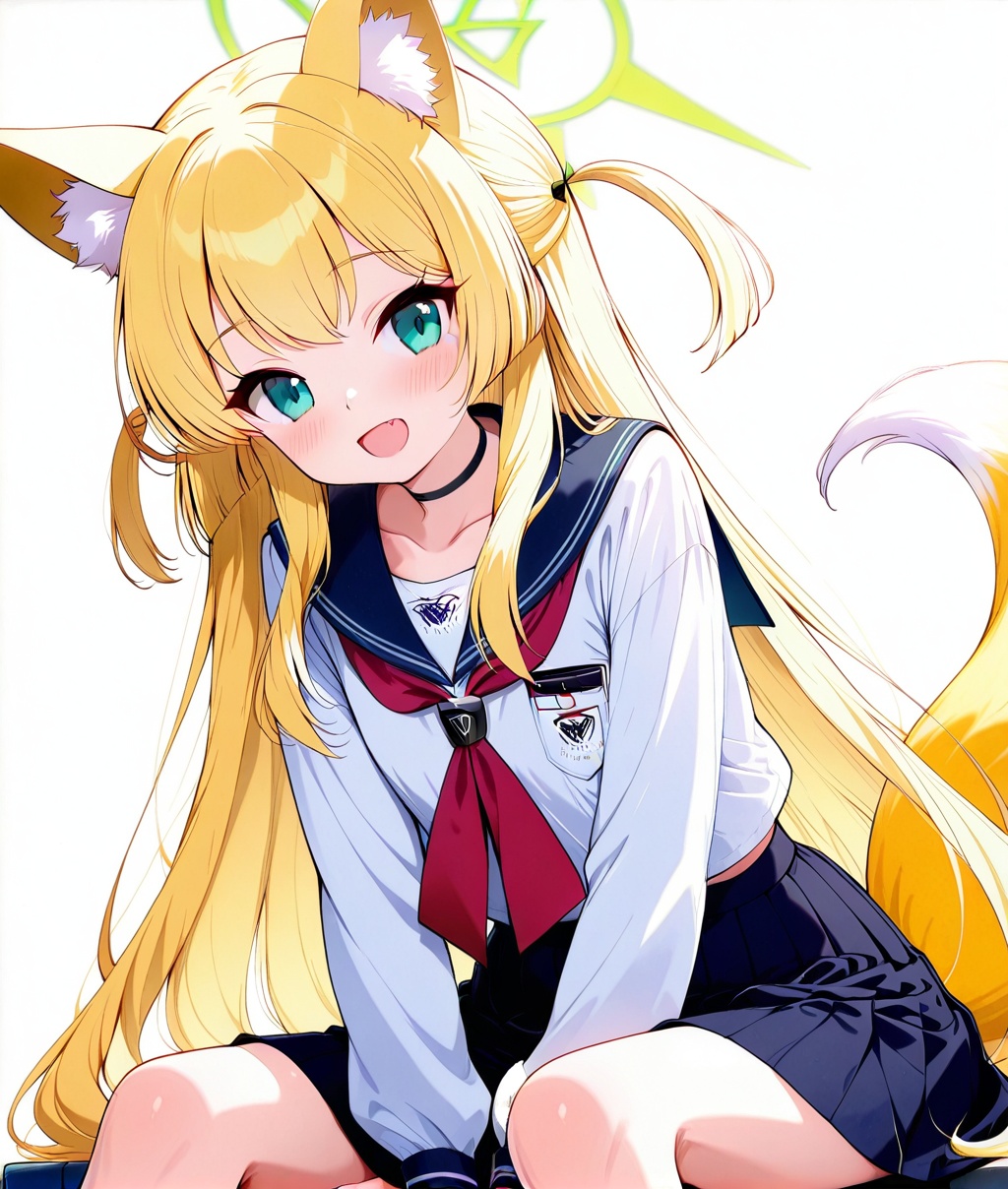 Kurumi(blue archive),O,Kurumi(blue archive),1girl, solo, animal ears, blonde hair, fox ears, skirt, school uniform, halo, fox tail, tail, looking at viewer, long hair, white background, fox girl, smile, neckerchief, simple background, serafuku, sailor collar, long sleeves, blush, pleated skirt, red neckerchief, choker, animal ear fluff, bangs, open mouth, two side up, blue skirt, :d, shirt, hand up, white shirt, fang, black choker, aqua eyes,(aesthetics ),masterpiece,best quality,ultra high definition,32K resolution,clear focus,delicate details,high-end texture,fashion photography,film perspective,rich colors,color palette,advertising style,tension composition,masterpiece,mild atmosphere,latest,dynamic Dutch perspective,transparent composition,magazine cover,cover,