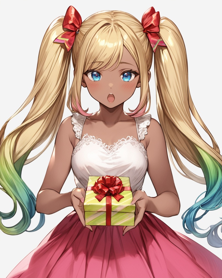 (best quality), ((masterpiece)), (highres), illustration, original, extremely detailed, <lora:JTのGame Character XL:0.7>1girl, solo, blonde hair, blush, twintails, blue eyes, long hair, gradient hair, multicolored hair, open mouth, gift, looking away, dark-skinned female, hair ornament, incoming gift, dark skin, rainbow hair, green hair, dress, white background, holding, ribbon, valentine