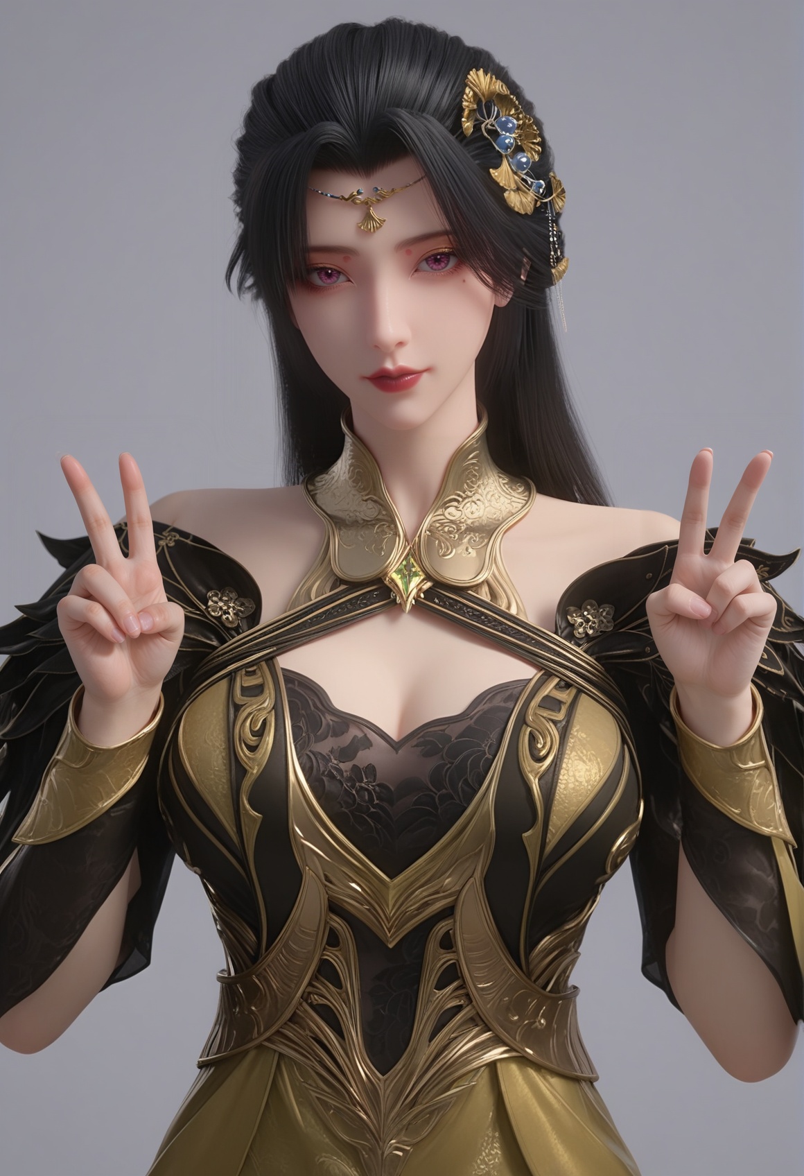 (score_9),<lora:柳如烟-rain:0.8>,lry,(mature_female),solo,long hair,hair ornament,black hair,mole under eye,detached collar,forehead jewelry,wrist guards,dress,sleeve,<lora:perfect eyes_v1:1>,bright pupils,looking at viewer,front view,looking at viewer,front view,double v,light blush,<lora:Expressive_H-000001:0.8>,(glamor:1.2),curvy,collarbone,pointy breasts,puffy breasts,large breasts,narrow waist,simple background,grey background,