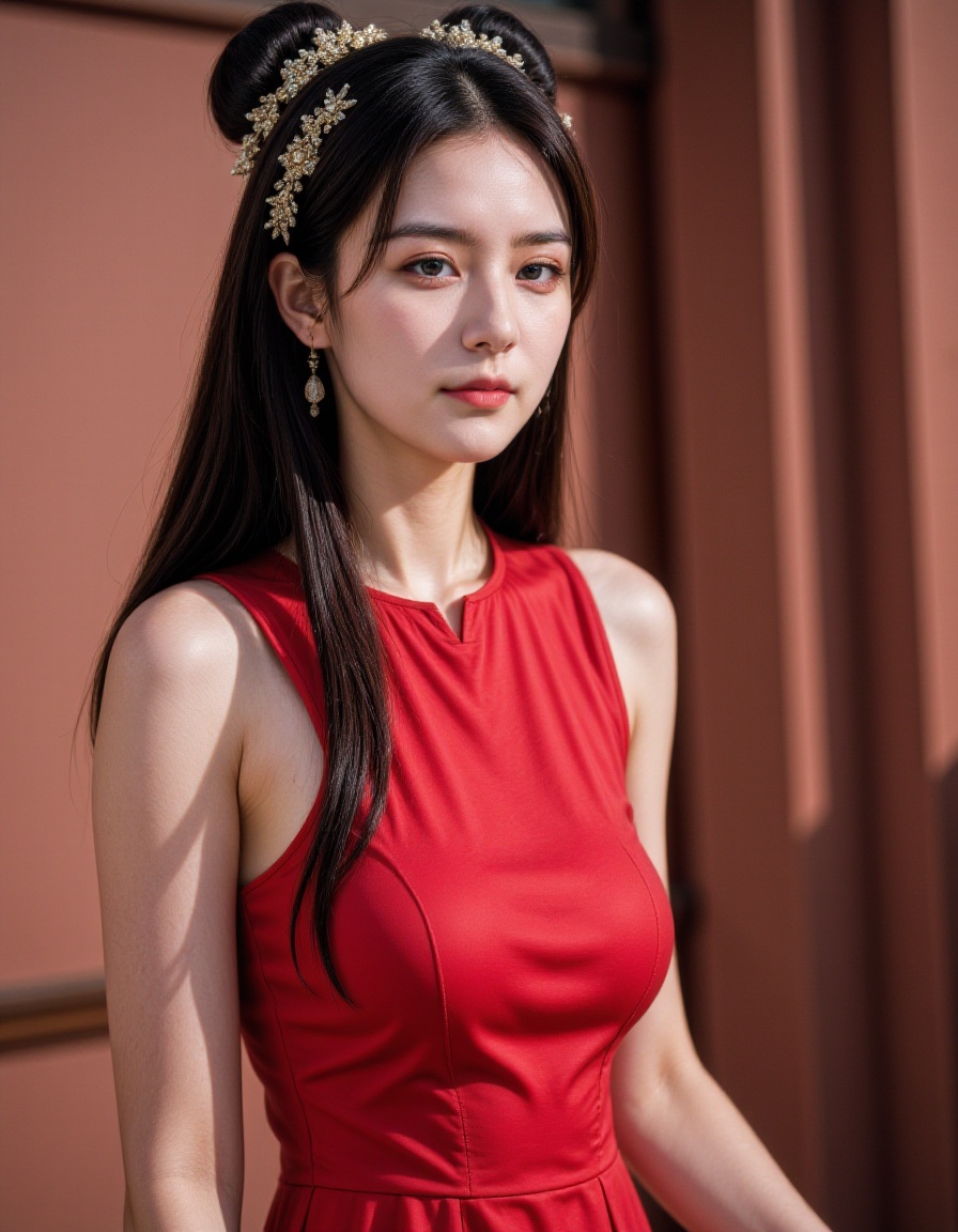 1girl, solo, dress, long hair, hair ornament, breasts, chinese clothes, jewelry, earrings, realistic, red dress, looking at viewer,