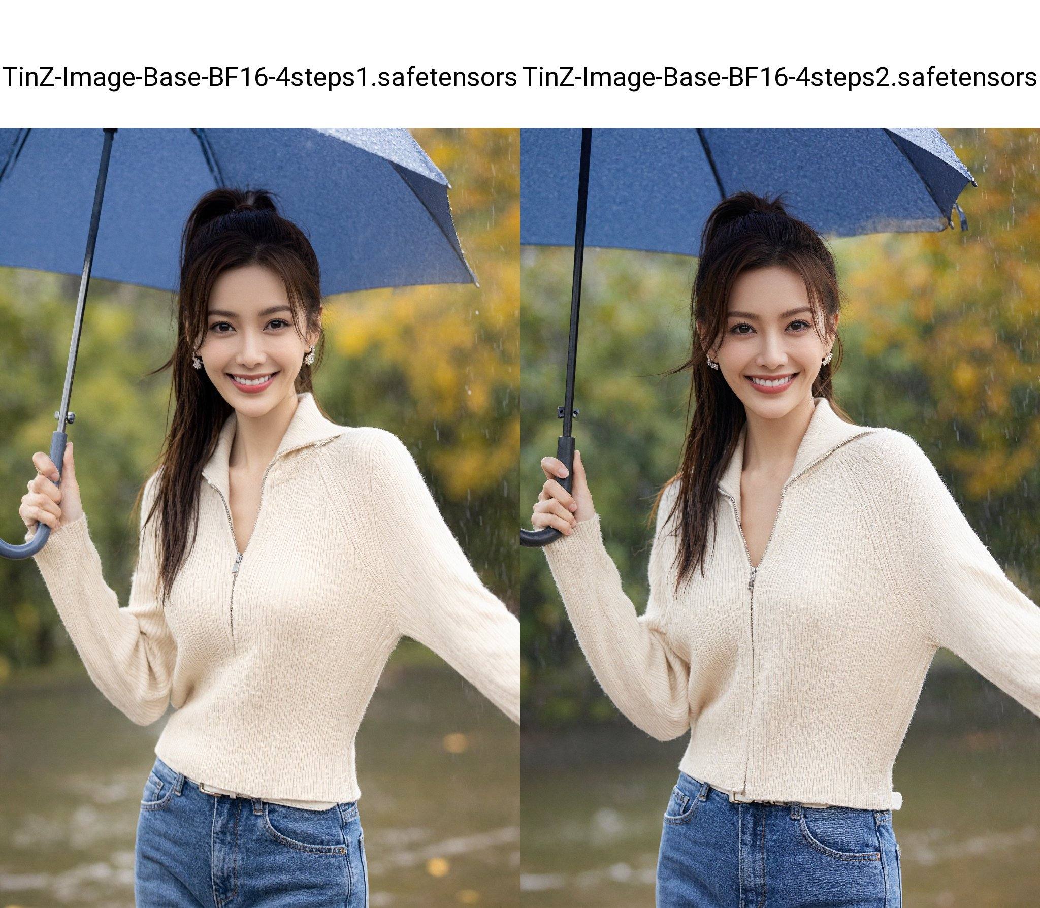 A captivating medium shot features an attractive woman, appearing to be in her late 20s to early 30s, of Asian ethnicity, under a vibrant blue umbrella. Her long, brunette hair is styled in a high ponytail, with loose strands framing her face, and she wears delicate, sparkling earrings. The woman's radiant smile and warm gaze convey a sense of joy and confidence. She wears a cream-colored, ribbed, zip-up sweater, partially unzipped, paired with classic blue jeans and a white belt. The sweater accentuates her figure. The background reveals a rainy day with soft, blurred colors of green and gold from trees, suggesting autumn. Raindrops create a visible texture. The lighting is soft and diffused. The focus is sharp on the woman, with a slight depth of field. The image's mood is cheerful and sophisticated. The composition is balanced, employing a natural, candid style. The atmosphere is optimistic, and the overall style is reminiscent of a fashion magazine photograph.