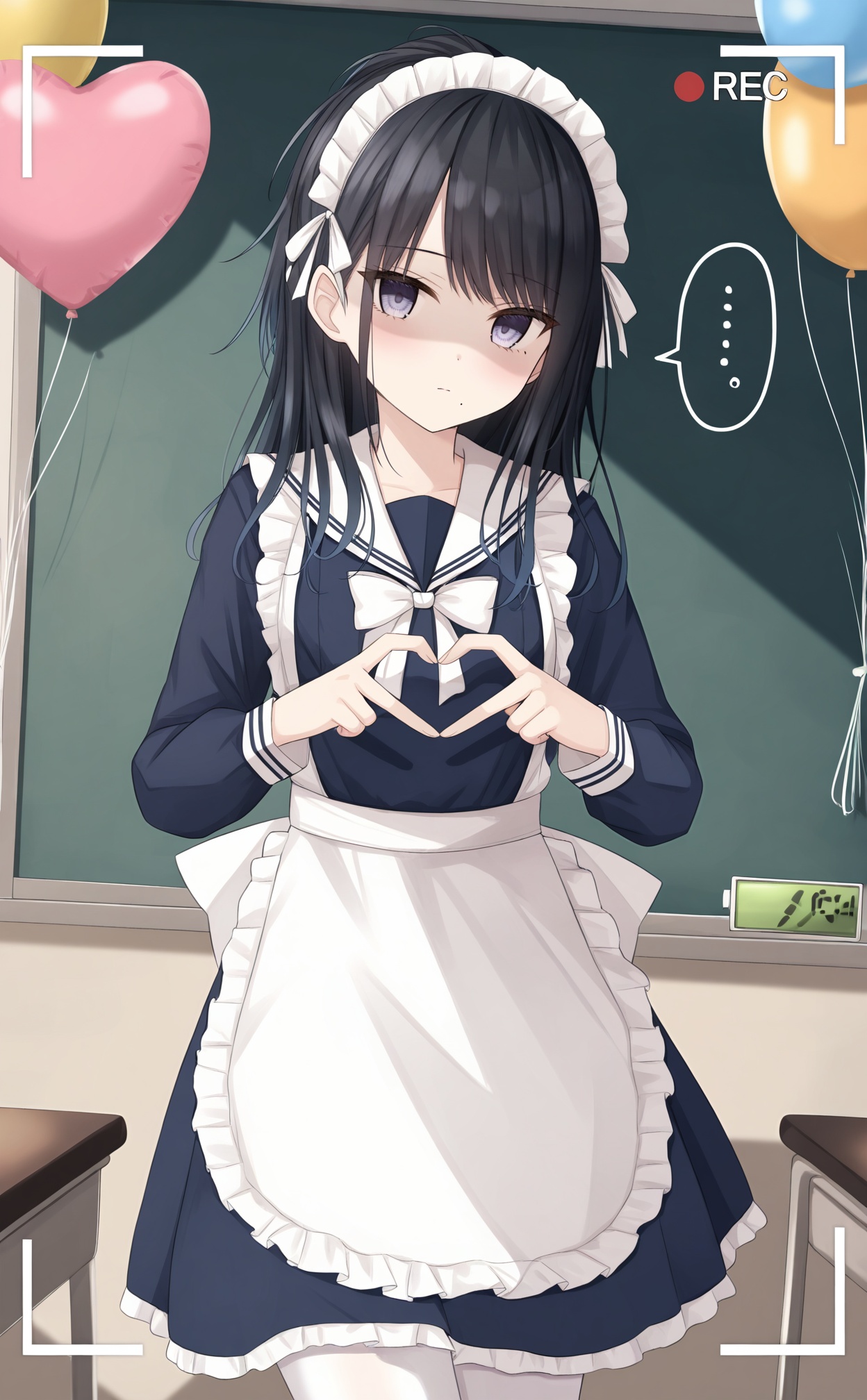 masterpiece,absurdres,best quality,loli,petite,high quality,//,heart hands, kazano hiori, 1girl, chalkboard, solo, maid headdress, heart, maid, black hair, recording, looking at viewer, mole under mouth, long hair, white pantyhose, balloon, empty eyes, dress, blue dress, apron, sailor collar, pantyhose, white sailor collar, viewfinder, white apron, frills, ..., battery indicator, shaded face, mole, speech bubble, maid apron, expressionless, alternate costume, long sleeves, purple eyes, enmaided, spoken ellipsis, frilled apron, classroom, black eyes, bow, cowboy shot, white bowtie//,<lora:千道センリ2——【noob】hans:0.8>,