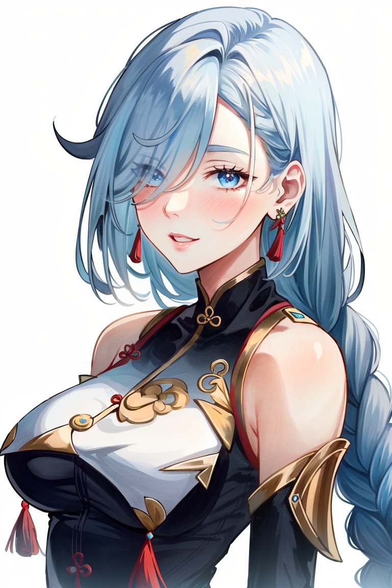 ((HRD, HUD, 8K)),((masterpiece, best quality)), highly detailed, soft light,ShenHe, 1girl, shenhe (genshin impact), solo, long hair, breasts, blue eyes, hair over one eye, looking at viewer, breast curtain, braid, white hair, blush, hair ornament, smile, large breasts, upper body, shoulder cutout, tassel, bangs, bare shoulders, clothing cutout, bodysuit, eyes visible through hair, parted lips, braided ponytail, white background, earrings, gold trim, very long hair, jewelry, tassel earrings, detached sleeves,  <lora:20240630-1719732786968:0.75>