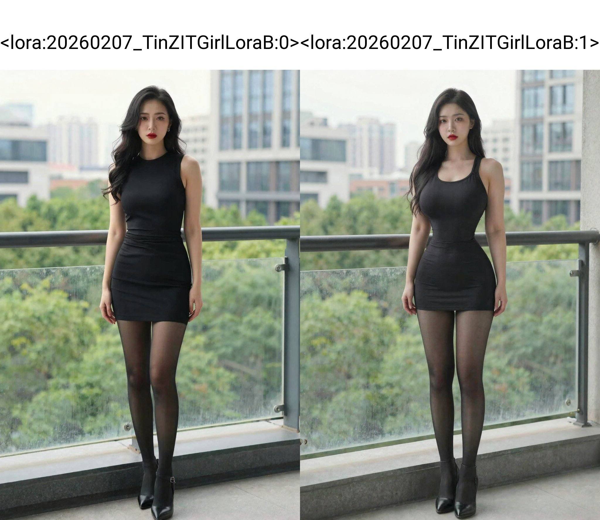 <lora:20260207_TinZITGirlLoraB:0>, In this photograph, an Asian woman with long, wavy black hair stands on a balcony, wearing a short, black, sleeveless dress that accentuates her slim figure and medium-sized breasts. She pairs the dress with sheer black pantyhose and black high-heeled ankle boots. Her makeup is bold, featuring red lipstick. The background includes a cityscape with modern buildings and green trees, suggesting an urban setting. The balcony railing is metal, and the floor appears to be concrete. The overall vibe is stylish and chic.