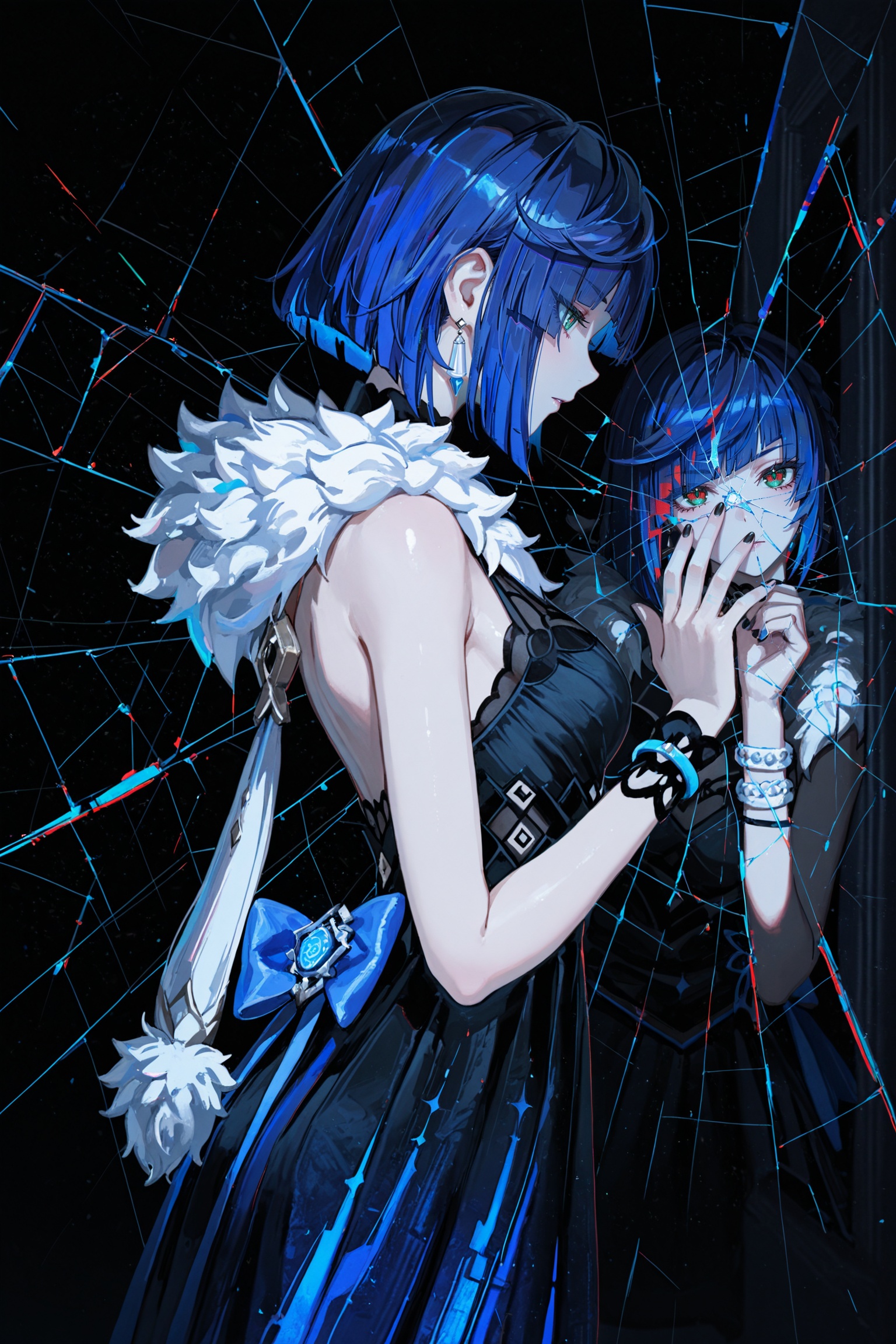 by [lack|fuzichoco|lam|kinta \(distortion\)|wlop|quasarcake|nixeu|happoubi jin],dark,black theme,spot color,red eyes,looking at viewer,black background,from side,high contrast,indoors,impasto,cracked glass,reflection,chromatic aberration,glitch,masterpiece,best quality,very aesthetic,absurdres,<lora:illustrious_noobai_epsilon_pred_1_masterpieces_v1:1>,<lora:illustrious_noobai_epsilon_pred_1_best_quality_v1:1>,<lora:yela_new-ill-Tanger:0.8>,yelan \(genshin impact\), clothes: yelanew blue-and-black dress, yelanew alternate costume, 1girl, yelanew single glove, jewelry, bracelet, blue hair, bangs, green eyes, sleeveless,fur trim,