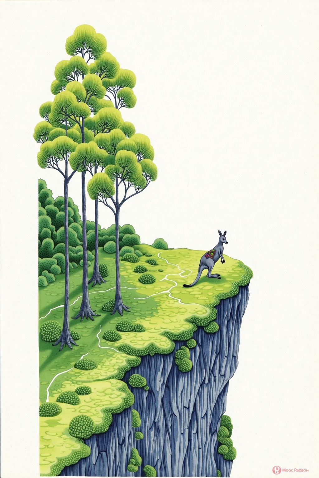 beijihui,Captured from an eye-level perspective,a painting of a gray kangaroo is perched on a cliff face,looking up at the viewer. The kangaroos is facing the right side of the frame,its tail pointing to the left. The cliff face is covered in a layer of dark gray rocks,dotted with small green trees. To the right of the rock face,a large green tree is visible. The background is a stark white,creating a stark contrast to the painting. The painting is a vibrant shade of green,adding a pop of color to the scene.,