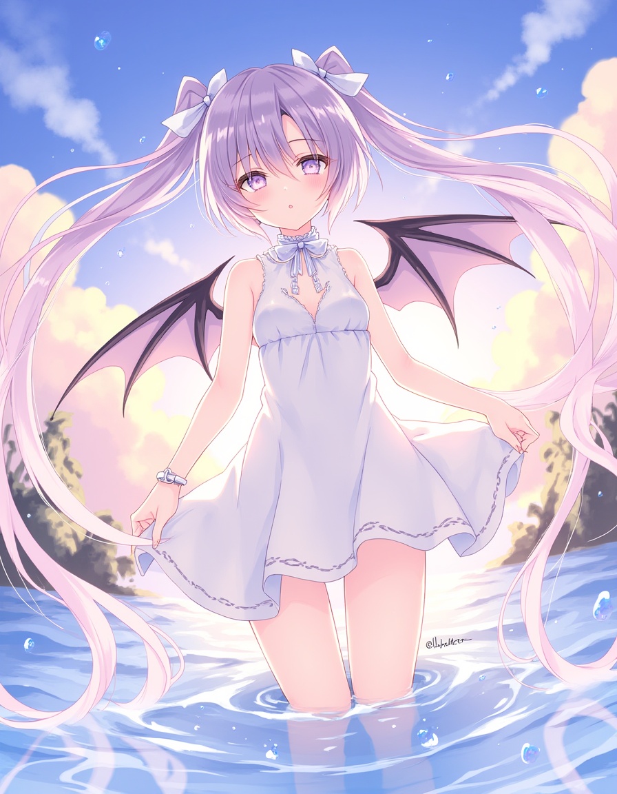 1girl, solo, dress, twintails, wings, long hair, wading, sleeveless, very long hair, white dress, looking at viewer, outdoors, water, purple eyes, sky, sleeveless dress, bare shoulders, demon wings, cloud, bare arms, blush, water drop, small breasts, sunset, skirt hold, breasts, ribbon, twitter username, standing, demon girl, wet, floating hair, hair bow, neck ribbon, bow, parted lips,  <lora:rurudo_lora_v2_trigger_word_rurudo:1>