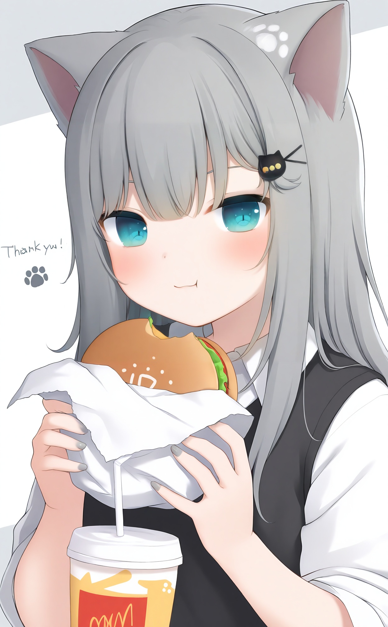 masterpiece,absurdres,best quality,loli,petite,high quality,//,1girl,burger,grey_hair,food,holding,disposable_cup,hair_ornament,solo,holding_food,animal_ears,cup,thank_you,cat_ears,eating,milestone_celebration,x_hair_ornament,:t,blue_eyes,shirt,closed_mouth,cat_hair_ornament,drinking_straw,sweater_vest,virtual_youtuber,long_hair,looking_at_viewer,nail_polish,hairclip,upper_body,eyebrows_hidden_by_hair,grey_nails,two-tone_background,holding_cup,blush,white_shirt,grey_background,collared_shirt,chewing,drink,multicolored_nails,paw_print,cat_girl,aqua_eyes,fast_food,lettuce,//,<lora:gancheng1214——【noob】hans:1>,