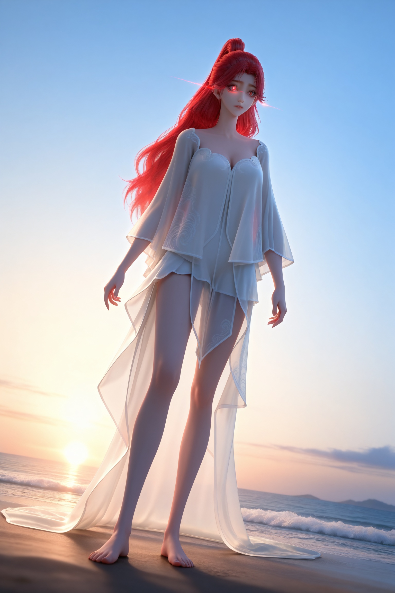 Nai3 style,realistic style photo,outstanding style,Use soft lighting to cast gentle shadows on the subject,adding a touch of dimension to your images without compromising details,whirls of vapor,(Anime:1.1),soft neon light,ethereal ambiance,delicate details,magical atmosphere,concept art,highly detailed,ultra-high resolution,32K UHD,sharp focus,best-quality,masterpiece,golden hour,unconventional supreme masterpiece,masterful details,temperate atmosphere,with a high-end texture,in the style of fashion photography,magazine style,Dynamic Angle,Dynamic posture,magazine style,Dynamic Angle,Dynamic posture,(cowboy_shot:1.2),eye trail,depth of field,cinematic lighting,lens flare,(artist:quasarcake:0.8),close-up,(artist:quasarcake:0.8),extreme aesthetic,(wlop:0.6),(honjou raita,lack,rella,wanke:0.5),masterpiece,best quality,good quality,newest,year 2025,very aesthetic,absurdres,Visual impact,A shot with tension,ultra-high resolution,32K UHD,sharp focus,best-quality,masterpiece,Emotionalization,unconventional supreme masterpiece,masterful details,temperate atmosphere,with a high-end texture,in the style of fashion photography,(Visual impact:1.2),giving the poster a dynamic and visually striking appearance,<lora:百炼成神3-火允儿-浴袍IL:0.8>,1girl,red hair,long hair,ponytail,red eyes,white dress,see-through,cleavage,long sleeves,bare legs,barefoot,, standing,Seaside,beach,waves,full body,