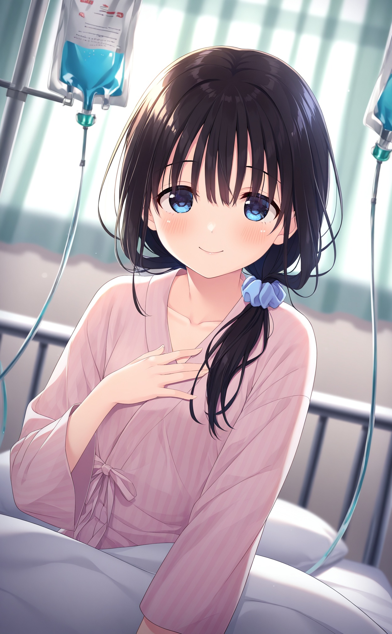 masterpiece,very aware,highres,absurdres,newest,best quality,high quality,loli,petite,chromatic_aberration,//,1girl, blue_eyes, smile, solo, black_hair, long_hair, indoors, looking_at_viewer, bed, hand_on_own_chest, hospital_bed, scrunchie, closed_mouth, blue_scrunchie, collarbone, hospital, hair_ornament, hair_over_shoulder, sitting, blush, intravenous_drip, pillow, hair_scrunchie, dutch_angle, under_covers, on_bed, blurry_background, blurry, curtains, long_sleeves, breasts, blanket, day, air_conditioner, sunlight, vertical-striped_clothes, low_ponytail, bed_sheet, upper_body, window, striped_clothes, japanese_clothes//,<lora:kz——【noob】hans-000002:0.8>,