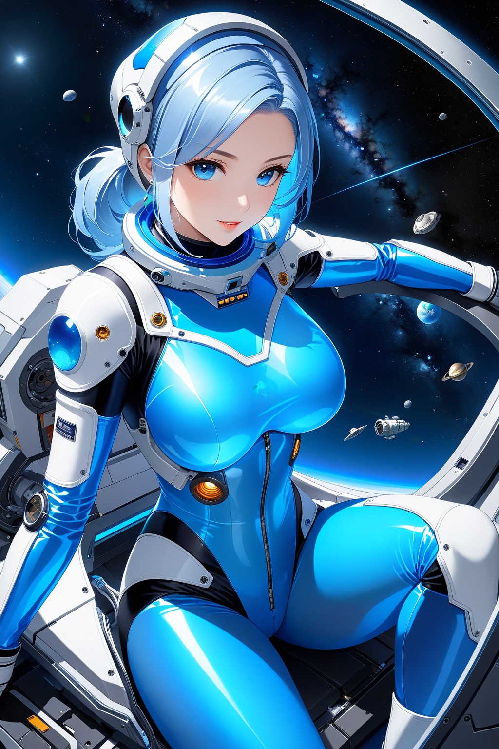 masterpiece,best quality,1girl,translucent skin,Blue,bodysuit,mechanical,cowboy shot,space,sitting,from above,large breasts,bone,(Spacesuit:1.5) White,