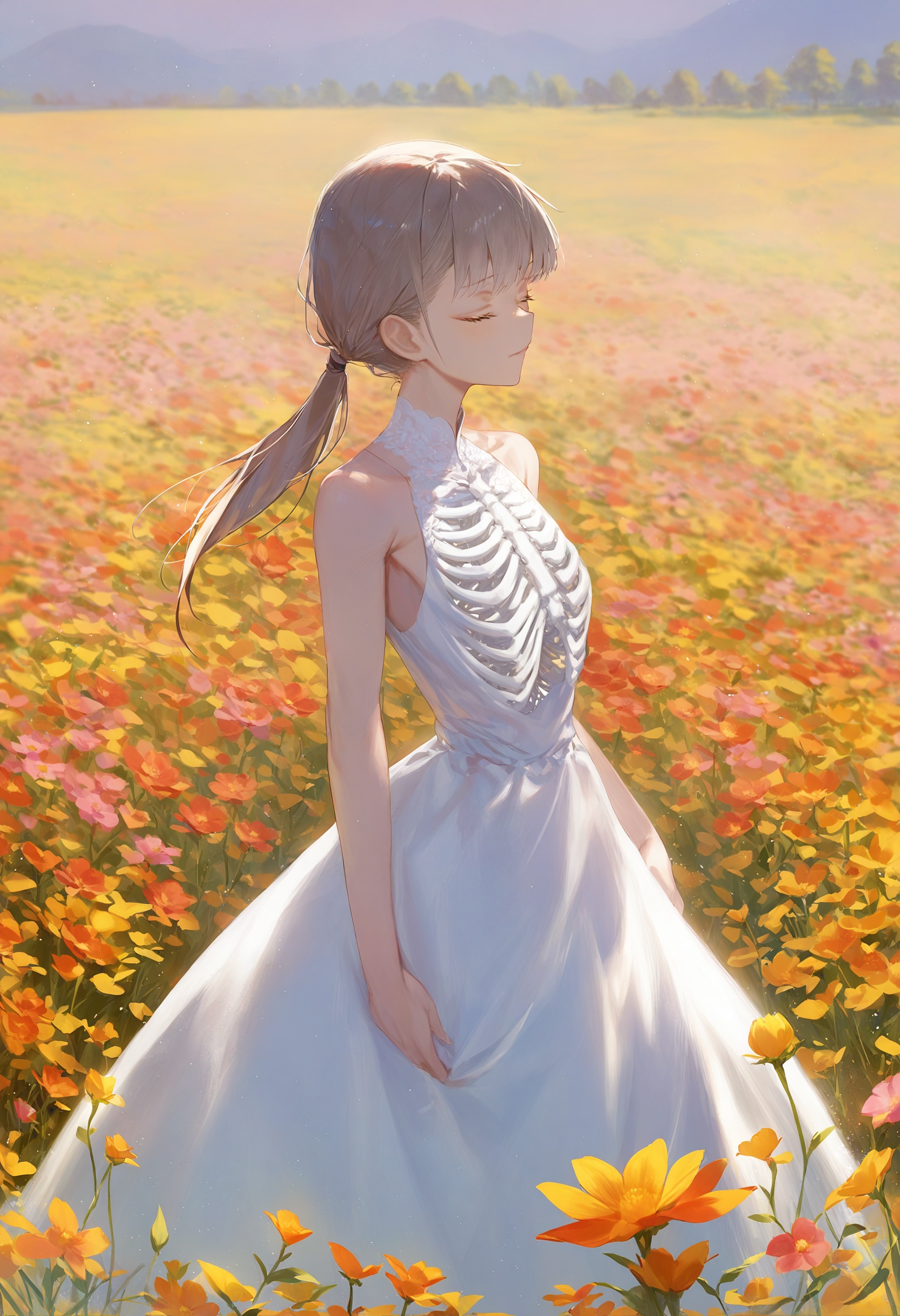 best quality, masterpiece, 1girl, solo, closed eyes, flower, dress, sleeveless, long hair, white dress, skeleton, field, flower field, outdoors, ponytail, bangs, bare shoulders  <lora:rsefXLlokr4f-000143:0.95>