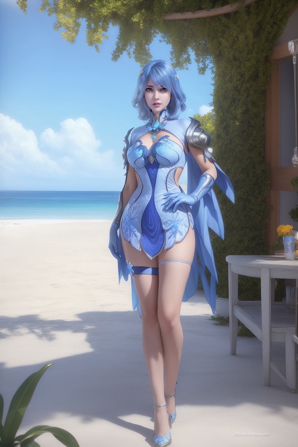 photo_\(medium\),(8k, RAW photo, best_quality),(masterpiece:1.2),(realistic:1.2),(photorealistic:1.3),(ultra-detailed),(extremely_detailed_cg_8k_wallpaper),(crystal_texture_skin:1.3),(shiny:1.2),(shiny_skin:1.4),(extremely_delicate_and_beautiful),Summer,Beach,Sea,sunshine,shenfengShuiBing,1girl,solo,torogao,short dress,blue dress,armor,blue hair,blue theme,blue gloves,single legwear,asymmetrical legwear,short hair,charm,breasts,large breasts,standing,jewelry,hair ornament,lips,realistic,looking at viewer,high heels,<lora:shenfengShuiBingEr_20240510074913-000007:0.7>,