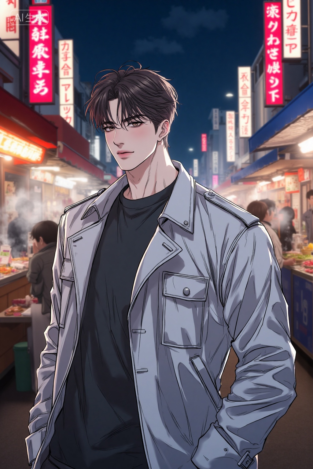 masterpiece,best quality,high detail,Realistic anime style,, a drawing of a handsome young man,,  in a silver-metallic trench coat, standing under the glowing signs of a night market with steam rising from food stalls., Negative prompt: ng_deepnegative_v1_75t,(badhandv4:1.2),EasyNegative,(worst quality:2),,nsfw, Steps: 30, Sampler: Euler, CFG scale: 3.5, Seed: 350267045, Size: 1024x1536, Model hash: 8cba4f1ef4, Model: F.1基础算法模型-哩布在线可运行_F.1-dev-fp8.safetensors, Denoising strength: 0, RNG: CPU, Lora 1: 20251118, Lora Hash 1: 9783be0a3a, Lora Weight 1: 1.0, vae_name: automatic