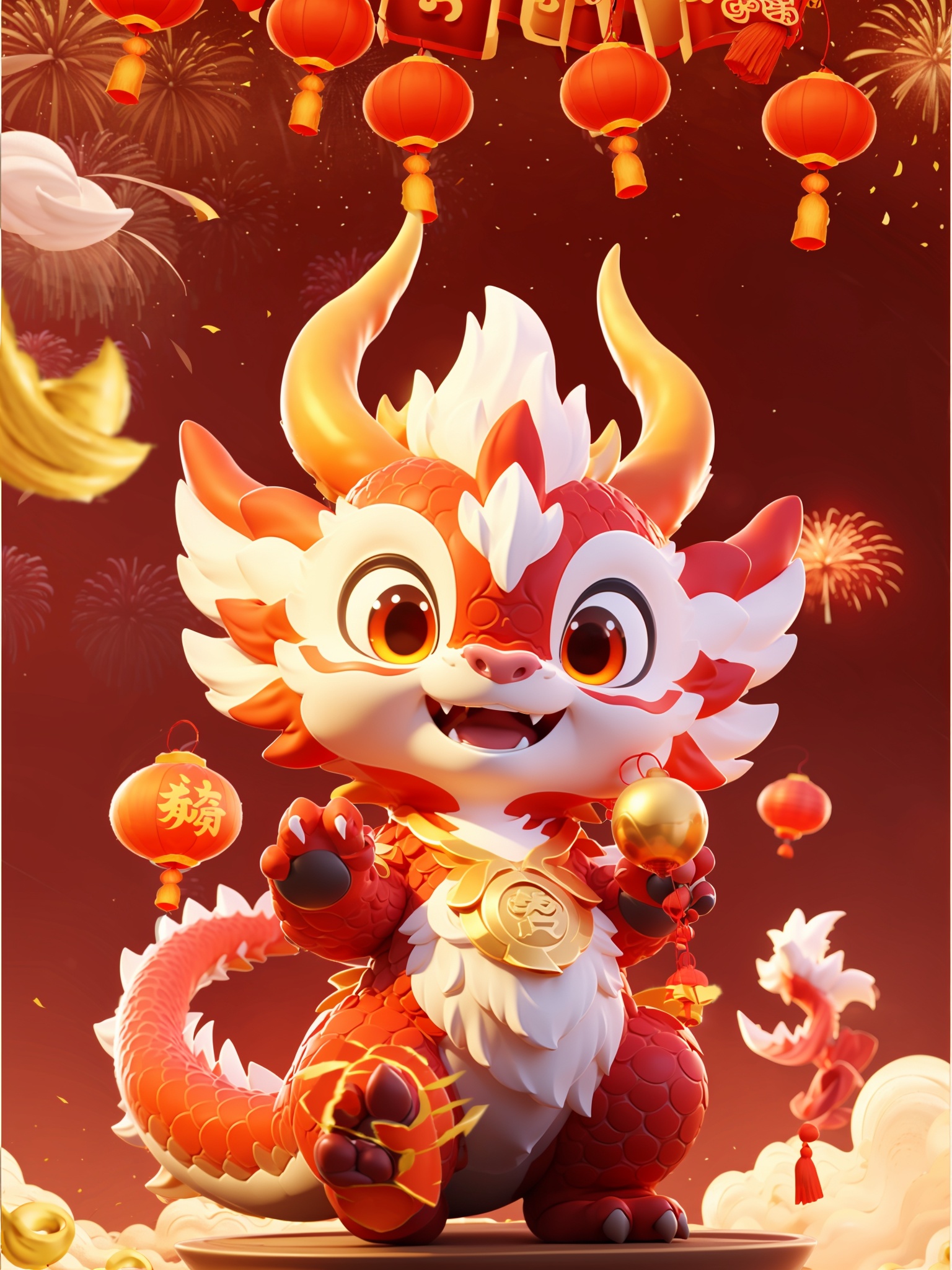 holding a string of red firecrackers,chinese new year,HTTP, fangs, paper lantern, open mouth, solo, chinese new year, horns, lantern, dragon, claws, no humans, blush stickers, looking at viewer, tail, red background, fireworks, banner, golden treasure<lora:HTTP_20231228190428-000006:1>