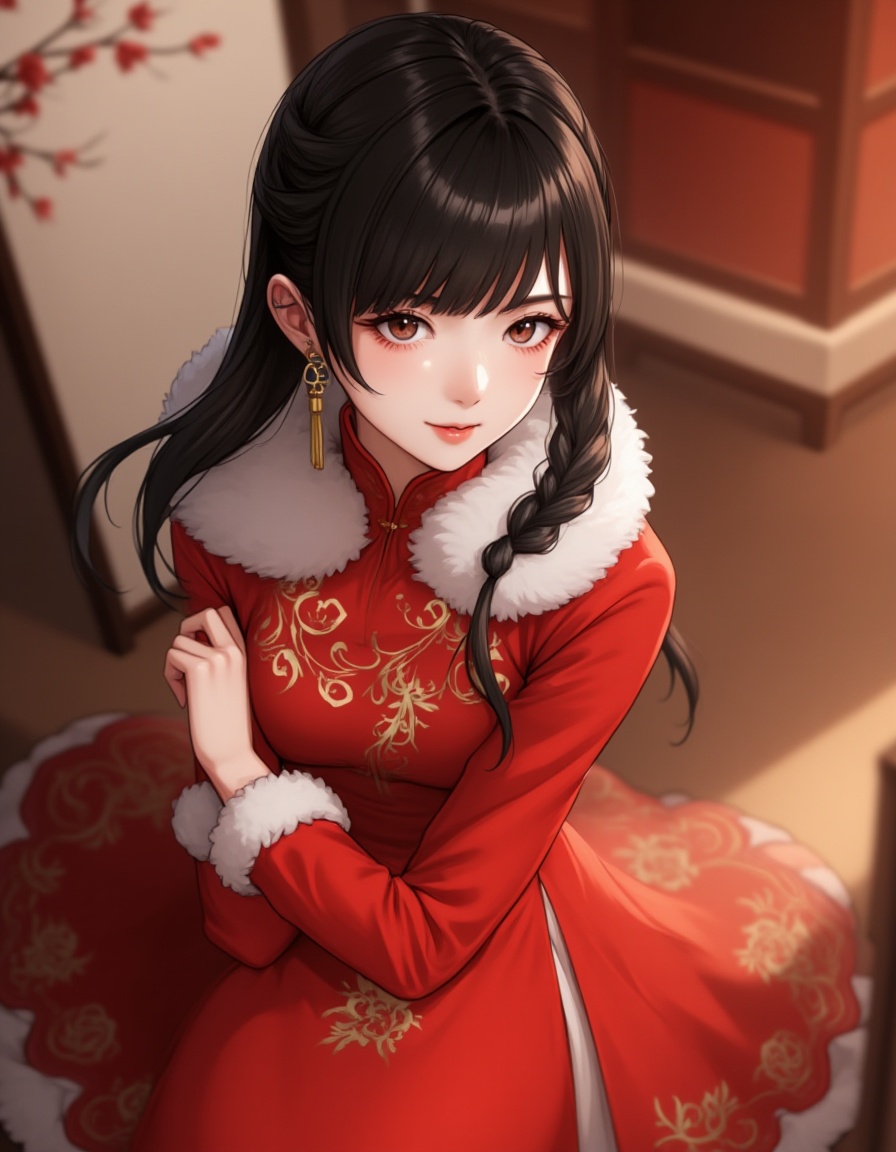 1girl,solo,smile,jewelry,brown eyes,looking at viewer,black hair,chinese new year,earrings,blurry,china dress,fur trim,long hair,long sleeves,bangs,indoors,red dress,braid,blurry background,depth of field,floral print,dynamic_pose,upper_body,dutch angle,Visual impact,extreme aesthetic,in the style of fashion photography,Emotionalization,