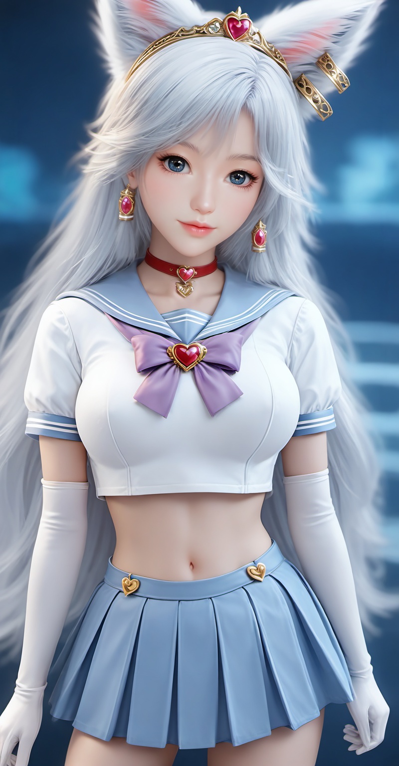 Close-up details,outstanding style,adding a touch of dimension to your images without compromising details,<lora:银月XL:0.8>,yinyue,white hair,fake animal ears,fox_ears,blue eyes,fair_skin,long hair,jewelry,earrings,1girl,sailor senshi uniform,solo,jewelry,skirt,gloves,earrings,blue skirt,white gloves,sailor collar,bow,breasts,choker,elbow gloves,magical girl,back bow,covered navel,pleated skirt,looking at viewer,brooch,purple bow,heart brooch,red choker,miniskirt,closed mouth,large breasts,collarbone,red gemstone,tiara,cowboy shot,whirls of vapor,iridescent textures,(Anime:1.1),soft neon light,ethereal ambiance,delicate details,magical atmosphere,concept art,highly detailed,ultra-high resolution,32K UHD,sharp focus,best-quality,masterpiece,golden hour,unconventional supreme masterpiece,masterful details,temperate atmosphere,in the style of fashion photography,cover,Dynamic Angle,with a high-end texture,Dynamic posture,