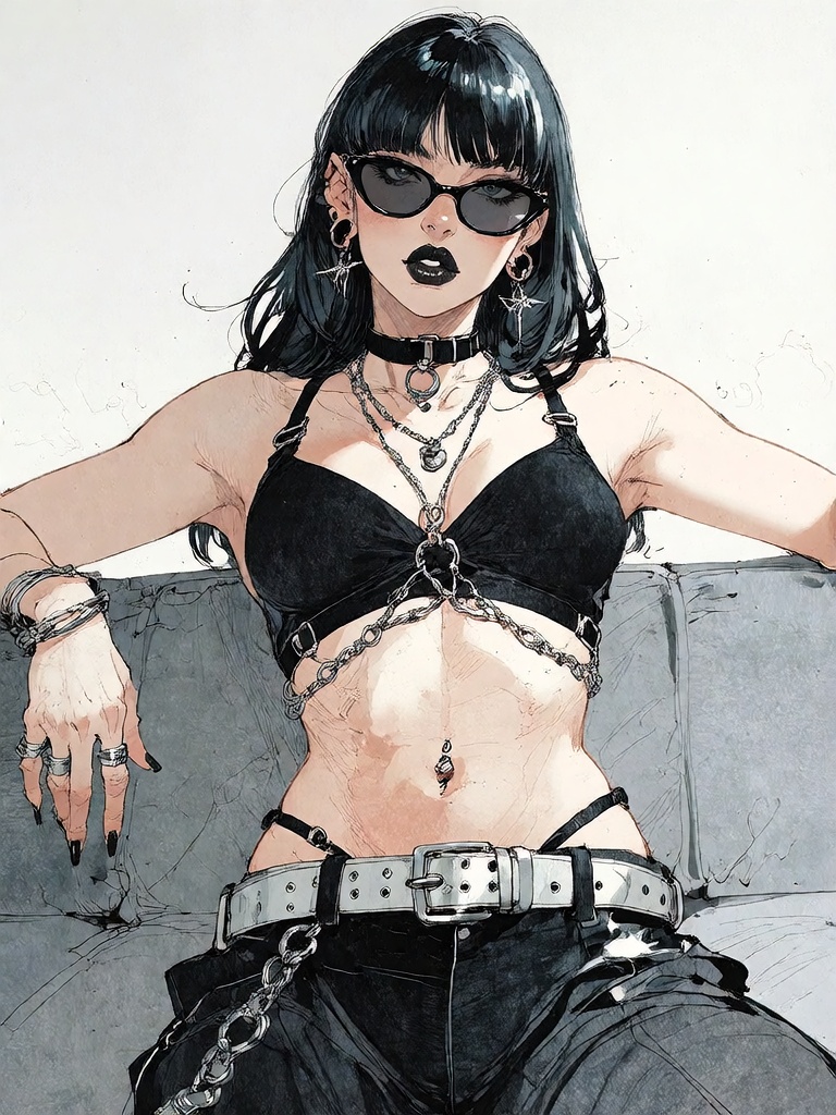 Bradhamel art style. A confident,  muscular woman with long,  glossy black hair and dark sunglasses lounges on a gray couc...