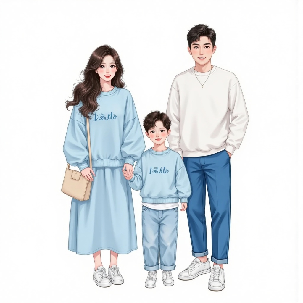 Family photo,mom and dad a son,a girl,wearing light blue line of clothes,all wearing sneakers,