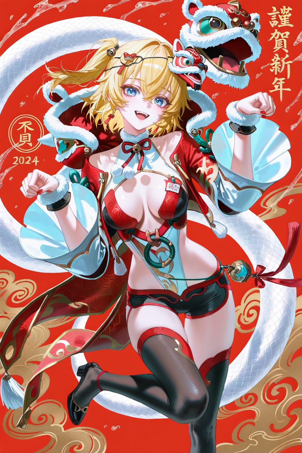 (artist:quasarcake:0.8),extreme aesthetic,(wlop:0.6),(honjou raita,lack,rella,wanke:0.5),masterpiece,best quality,good quality,newest,year 2024,year 2023,very aesthetic,absurdres,Visual impact,A shot with tension,ultra-high resolution,32K UHD,sharp focus,best-quality,masterpiece,Emotionalization,unconventional supreme masterpiece,masterful details,temperate atmosphere,with a high-end texture,in the style of fashion photography,(Visual impact:1.2),Dynamic and visual impact,offcial art,colorful,splash of color,movie perspective,masterpiece,best quality,amazing quality,very aesthetic,absurdres,best quality,newest,A full-body portrait of a young girl,standing gracefully,pastel art style,high-key lighting,shoujo manga influence,hd quality,delicate details,1 girl,looking_at_viewer,smile,open_mouth,bangs,standing,full_body,sash,animal,red_background,paw_pose,snake,white_snake,(happy_new_year),(chinese new year),<lora:cbcnwed-noob-Tanger:0.8>,Fenny,clothes: Fenny Lion dance costumes,3rd clothes,Fenny mask hair ornament,blonde hair,black shorts,black thighhighs,1girl,breasts,short hair,bell,