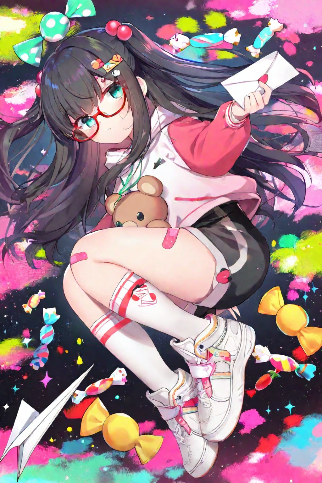 masterpiece,best quality,high quality,(colorful),1girl, solo, long hair, shirt, black hair, hair ornament, long sleeves, holding, very long hair, jacket, full body, heart, food, shoes, glasses, shorts, socks, hood, two side up, kneehighs, hoodie, floating hair, stuffed toy, white footwear, stuffed animal, white socks, sneakers, candy, bandaid, red-framed eyewear, teddy bear, envelope, paper airplane <lora:ch-000057:1>