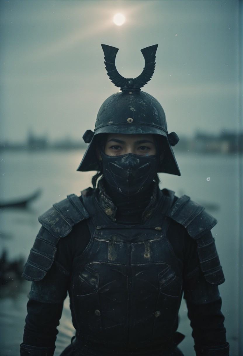 n30nfilm,  A dynamic Action Scene: a ghst Silhouette of a feudal armored shinobi in the Rain,  Wielding sword on Tensor.Art