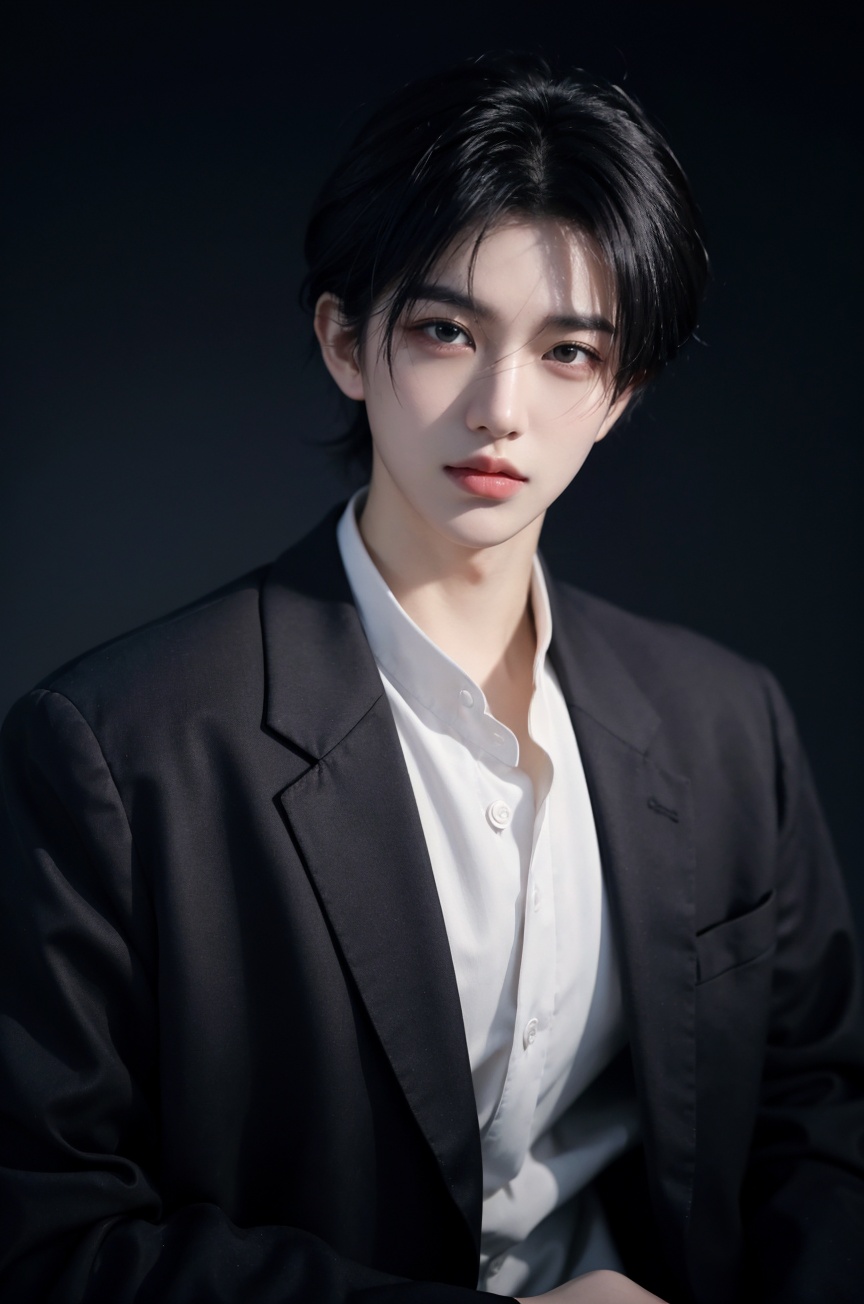 solo, male focus, 1boy, realistic, looking at viewer, upper body, black hair, labcoat,lips, closed mouth, black eyes,<lora:YG男神:0.75>,