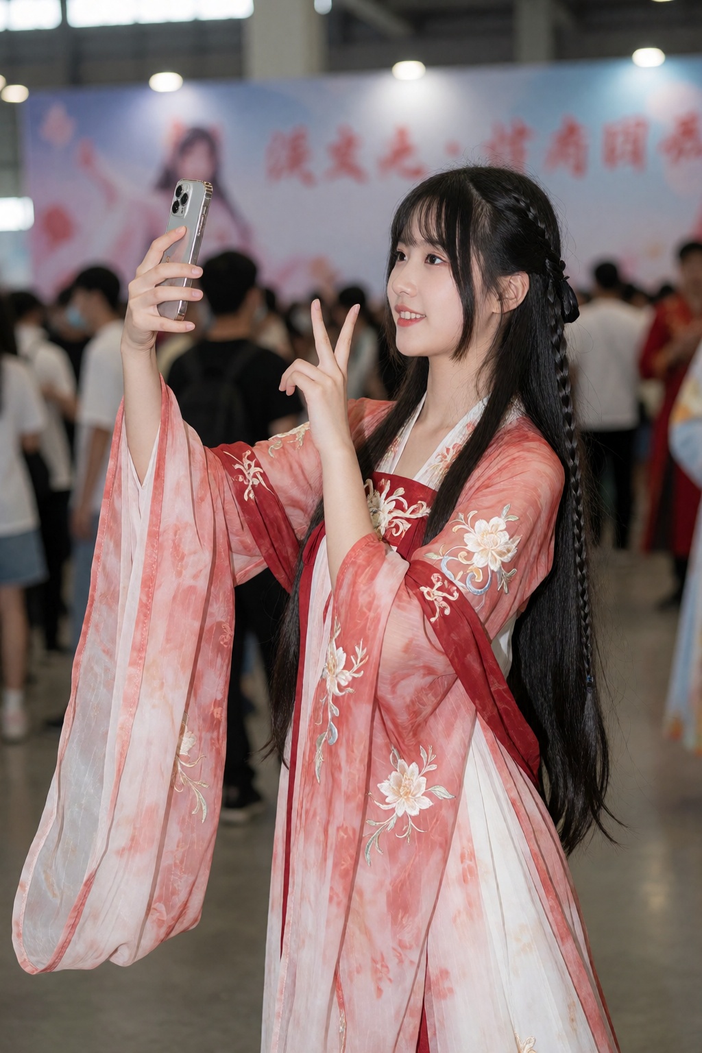 照片中是一位亚裔女性,  她有着乌黑亮丽的长直发,  扎着几条辫子。她身着一件飘逸的浅红色和白色相间的传统中式旗袍 on Tensor.Art