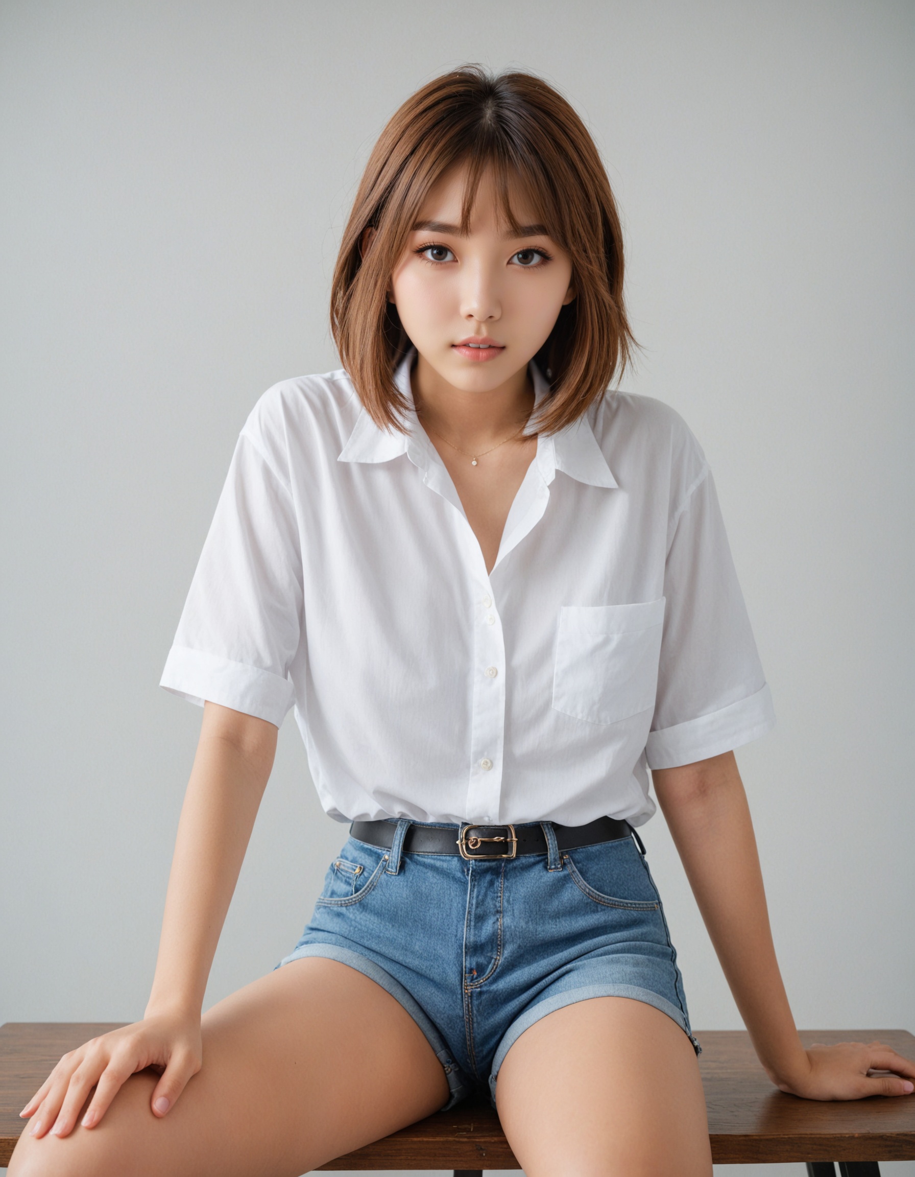 masterpiece,  best quality,  portrait photo of a 18 years old j-pop girl sitting on the table on Tensor.Art