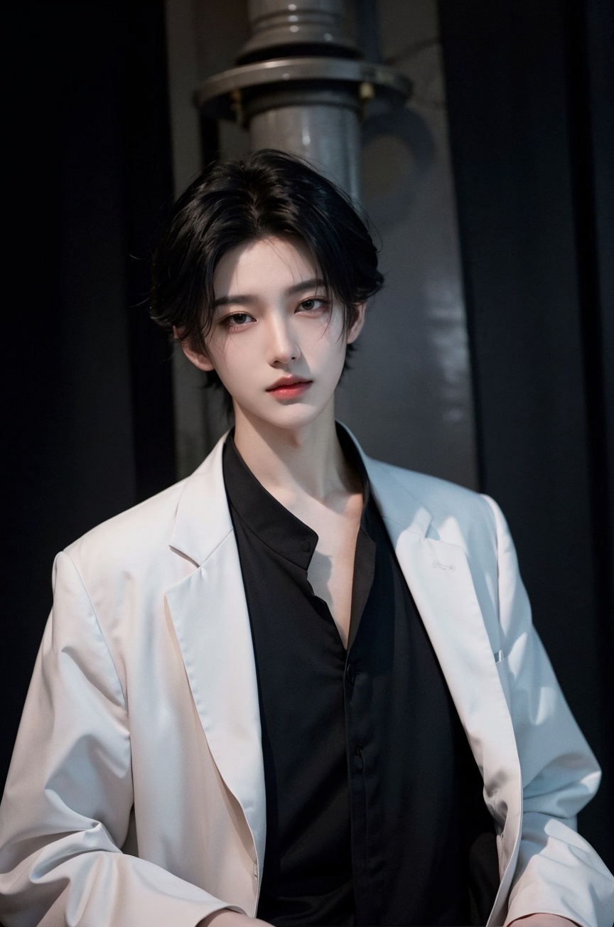 solo, male focus, 1boy, realistic, looking at viewer, upper body, black hair, labcoat,lips, closed mouth, black eyes,<lora:YG男神:0.75>,