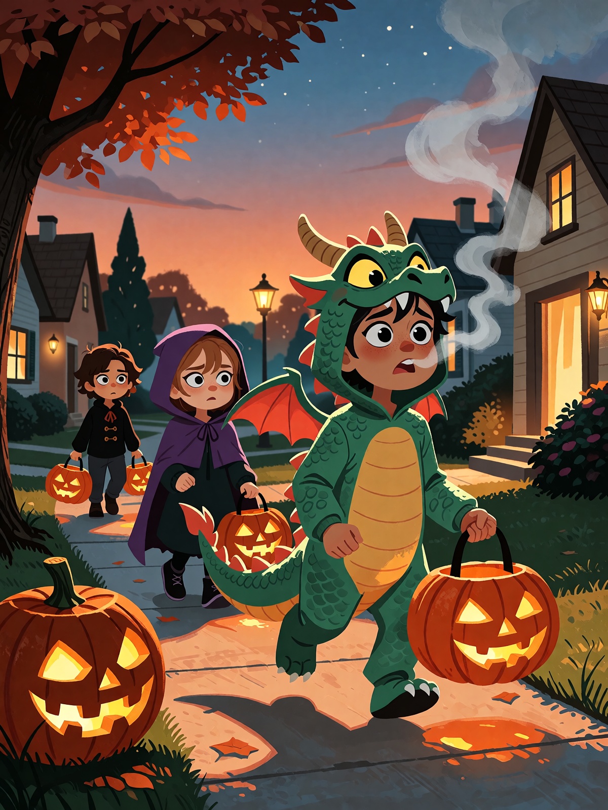 A suburban street at dusk,  kids trick-or-treating in costumes,  one child's "dragon costume" clearly has real smoke comin...