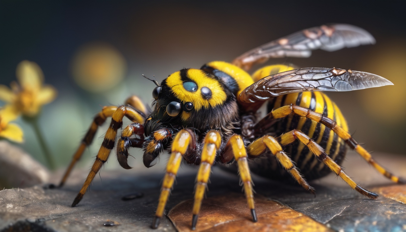 high-resolution macro-photography of colorful alien ([Fly:Garden spider:4])-creature with sheltered plates and bumblebee_yellow hunches, extremely detailed texture and intricate biological detail, high saturation, 16k hdri, subsurface scattering,