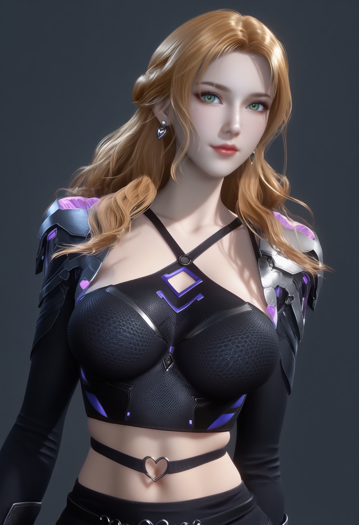(score_9),<lora:珍妮特-apony-000008:0.83>,znt,1girl,solo,long hair,blonde hair,earrings,green eyes,braid,mole under eye,crop top,belt buckle,shoulder armor,midriff,black skirt,black gloves,navel,<lora:perfect eyes_v1:0.8>,light blush,Expressiveh,<lora:Expressive_H-000001:0.8>,collarbone,(glamor:1.2),curvy,BREAKlooking at viewer,front view,<lora:e肤色滑块:0.5>,fair_skin,(pale_skin),((white skin)),light skin,<lora:皮肤凹痕:1.2>,ultra-detailed skin texture,detailed textures,BREAKsimple background,grey background,<lora:e色温:0.35>,4K ultra HD,sharp focus,high detail,natural lighting,high contrast,hearts,Volumetric Lighting,Tyndall effect,