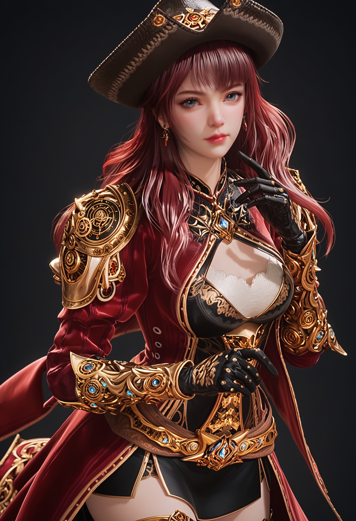 (upper_body:1.2),score_9,score_8_up,masterpiece,(best quality),intricate details,facing viewer,(looking at viewer:1.1),<lora:YQ_pony_menghongchen_V4:0.8>,q1528437228,solo,1girl,hat,long hair,red hair,boots,thighhighs,blue eyes,gloves,thigh boots,skirt,armor,pink hair,jewelry,belt,brown hair,pirate hat,earrings,coat,high heels,red coat,black gloves,grey eyes,dress,miniskirt,black eyes,black footwear,high heel boots,black headwear,long sleeves,single glove,BREAKscore_9,score_8_up,masterpiece,(best quality),perfect anatomy,(hourglass),perfect face,(simple background,pure black background,black background:1.1),fair_skin,shiny_skin,Ivory_skin,