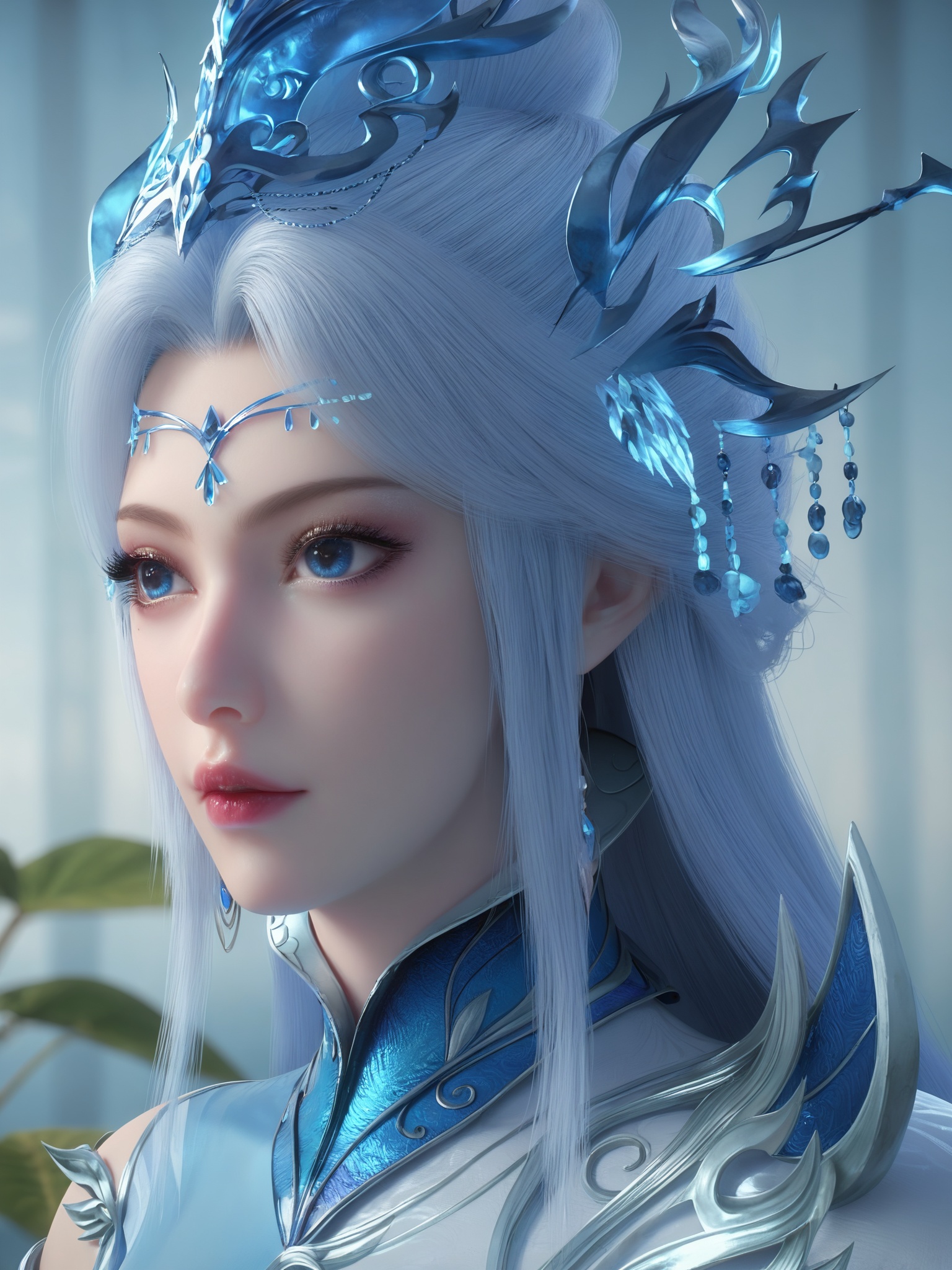 score_9_up,1girl,solo,best quality,aesthetic,detailed,white flower,lily \(flower\),daisy,leaf,bug,upper body, <lora:宁雨蝶-殿主_重置版Pony:0.7>,long silver hair,blue eyes,delicate, sparkling eyeshadow and mascara,a delicate,intricate headpiece,wears an intricately designed,armor-like dress in shades of white and blue,featuring intricate patterns and metallic accents that resemble frost or ice,