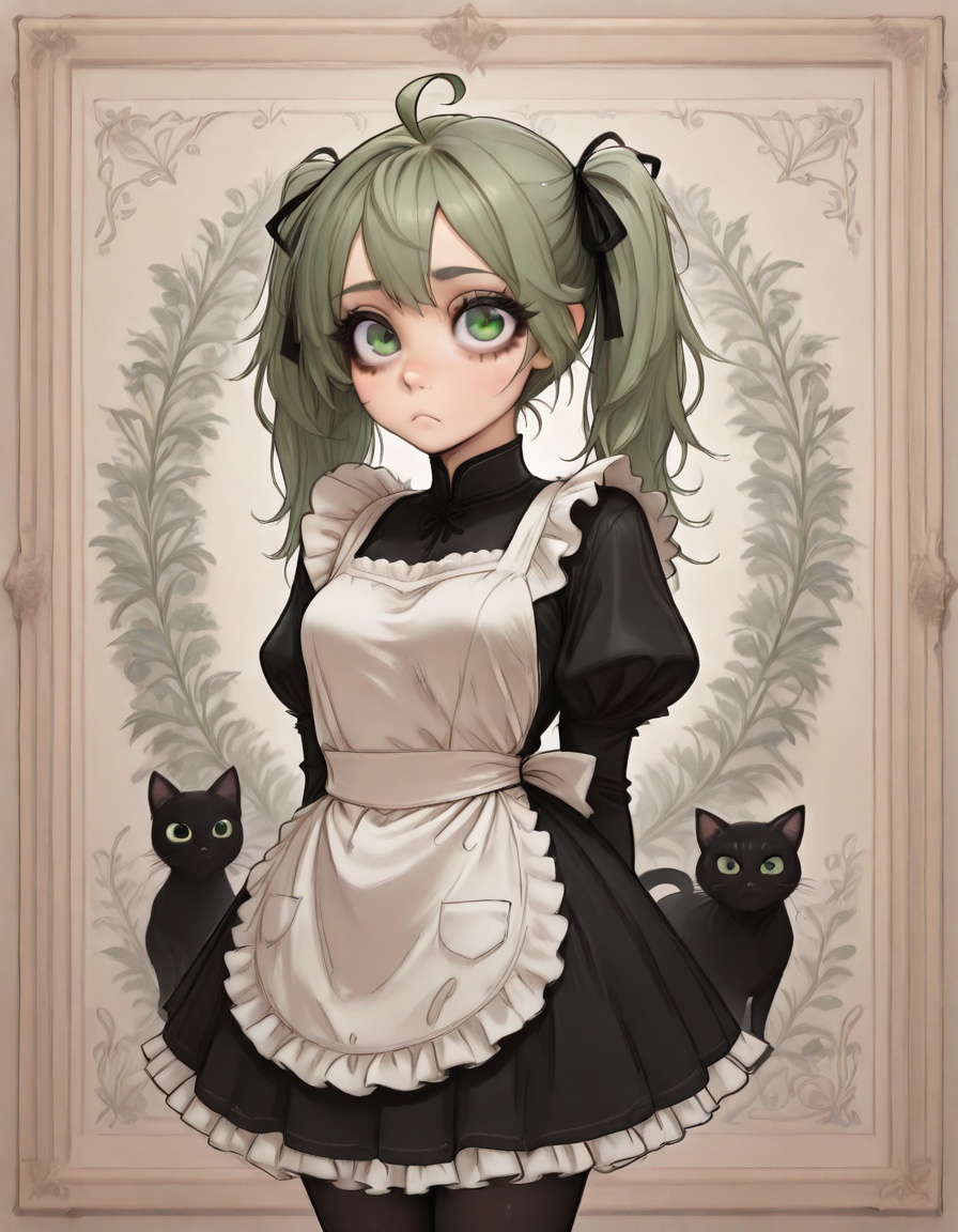 1girl,solo,breasts,looking at viewer,bangs,long sleeves,dress,bow,ribbon,twintails,closed mouth,green eyes,hair ribbon,flower,ahoge,pantyhose,cowboy shot,frills,green hair,puffy sleeves,apron,black dress,black pantyhose,maid,black ribbon,black bow,arms behind back,cat,frilled dress,juliet sleeves,white apron,:<,floral background,black cat,