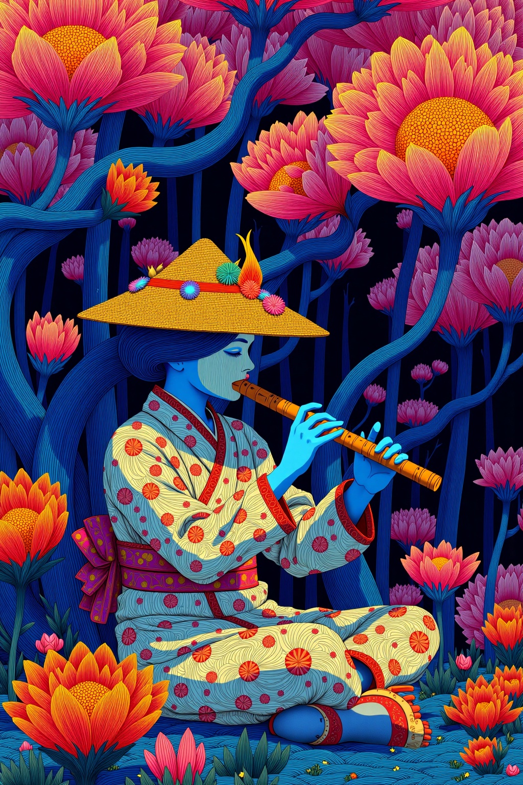 beijihui,An eye-level painting of a Asian woman dressed in a traditional kimono,holding a flute in her right hand. The woman's face is covered in blue hair,and she is wearing a straw hat with a flower on it,and blue gloves. Her dress is adorned with a pattern of flowers,and the flute she is holding is **** of wood. The background of the painting is a deep blue,and there are a variety of vibrant flowers,including pink,orange,and purple. The flowers are arranged in a way that creates a striking contrast to the blue background.,