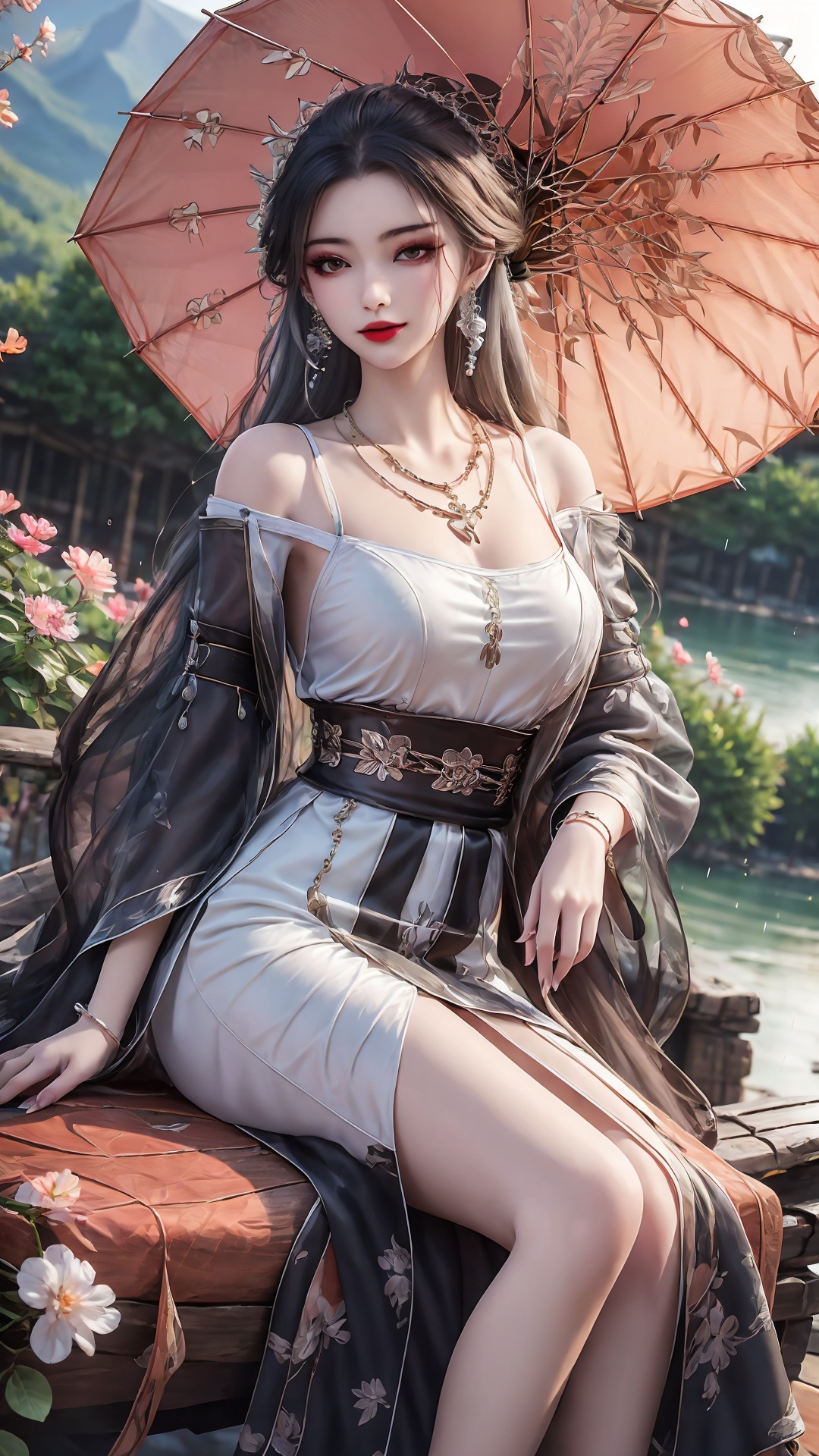 1girl, umbrella, solo, dress, white dress, holding umbrella, jewelry, long hair, black hair, holding, outdoors, chinese clothes, mountain, earrings, necklace, long sleeves<lora:girl miaojiangxiaobai_20240912173536:0.7>,