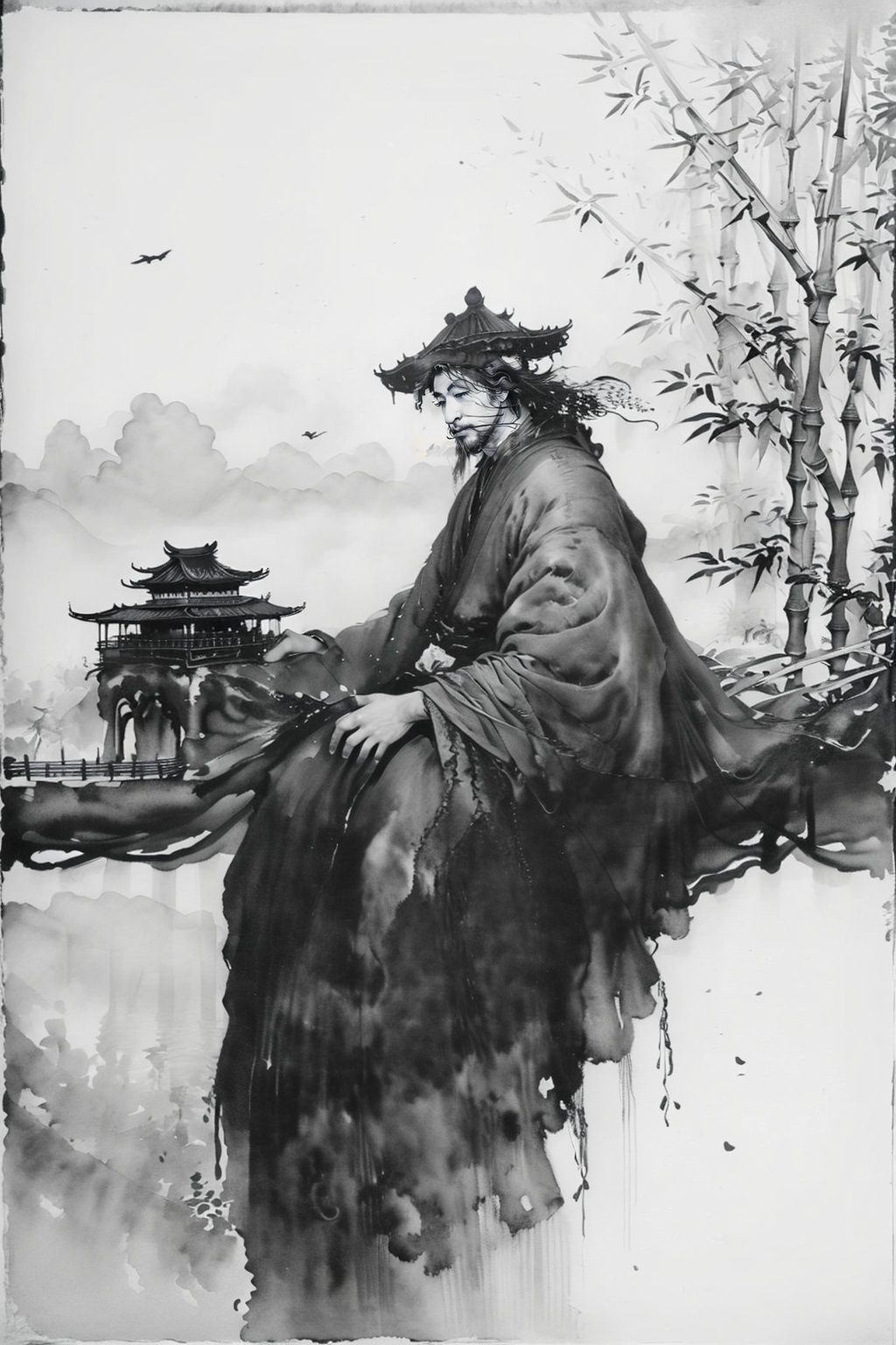 shuimo,<lora:**_v1.0:0.8>,1boy,solo,hermit master,bamboo grove small buildings,playing the qin and sipping tea,clouds and mist swirled around,landscape painting scroll,indifferent to fame and fortune,traditional ink painting,black and white tones,blank composition,profound perspective,grayscale,monochromatic photo,